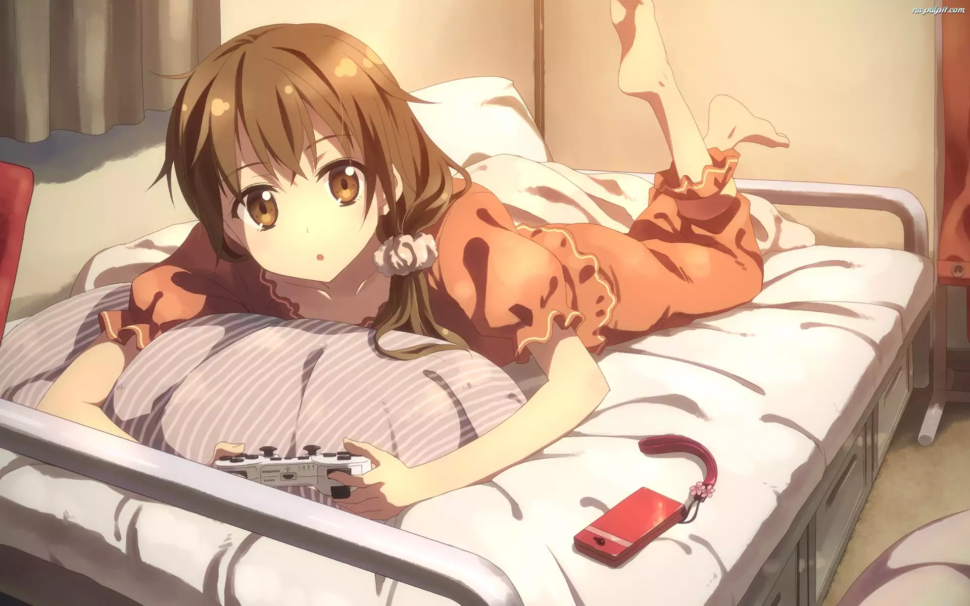 Dziewczyna, Anime, Łóżko, Telefon