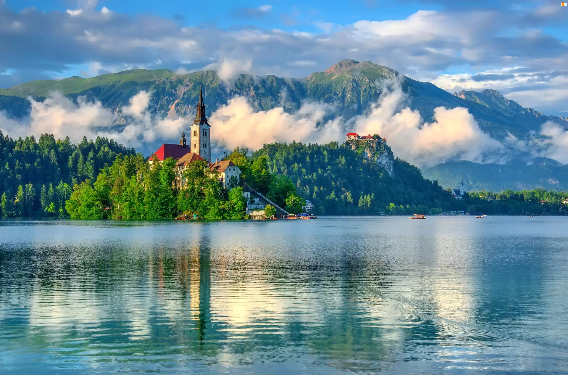 Bled, Zamek, Góry, Słowenia, Jezioro, Kościół