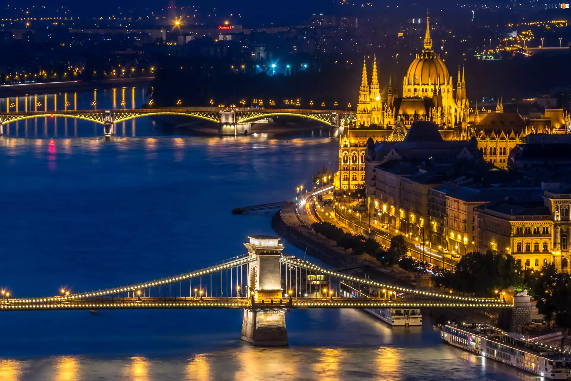 Most, Noc, Węgry, Budapeszt, Dunaj, Miasto