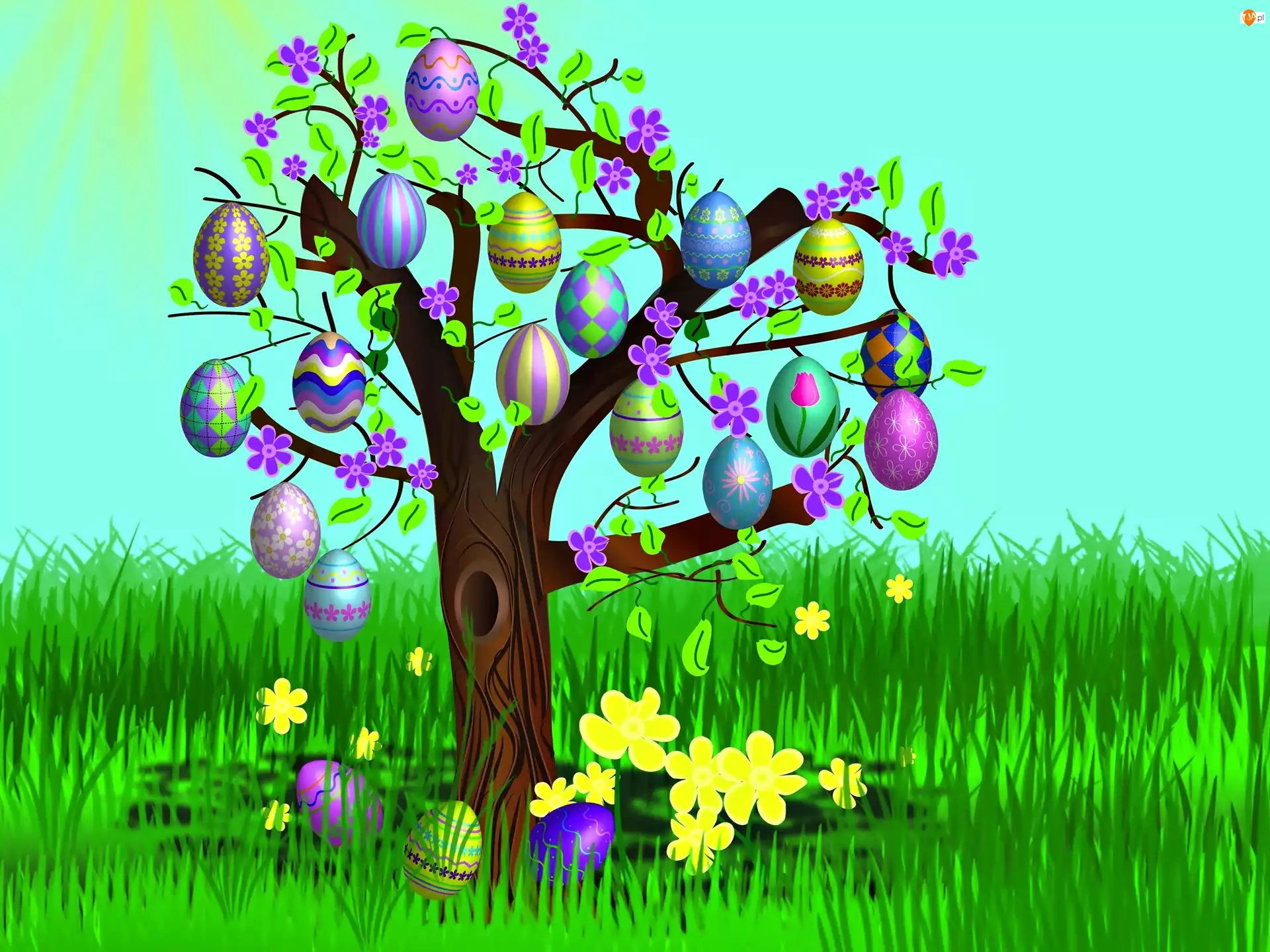 Kwiaty, Wielkanoc, Jajka, Drzewo, Trawa