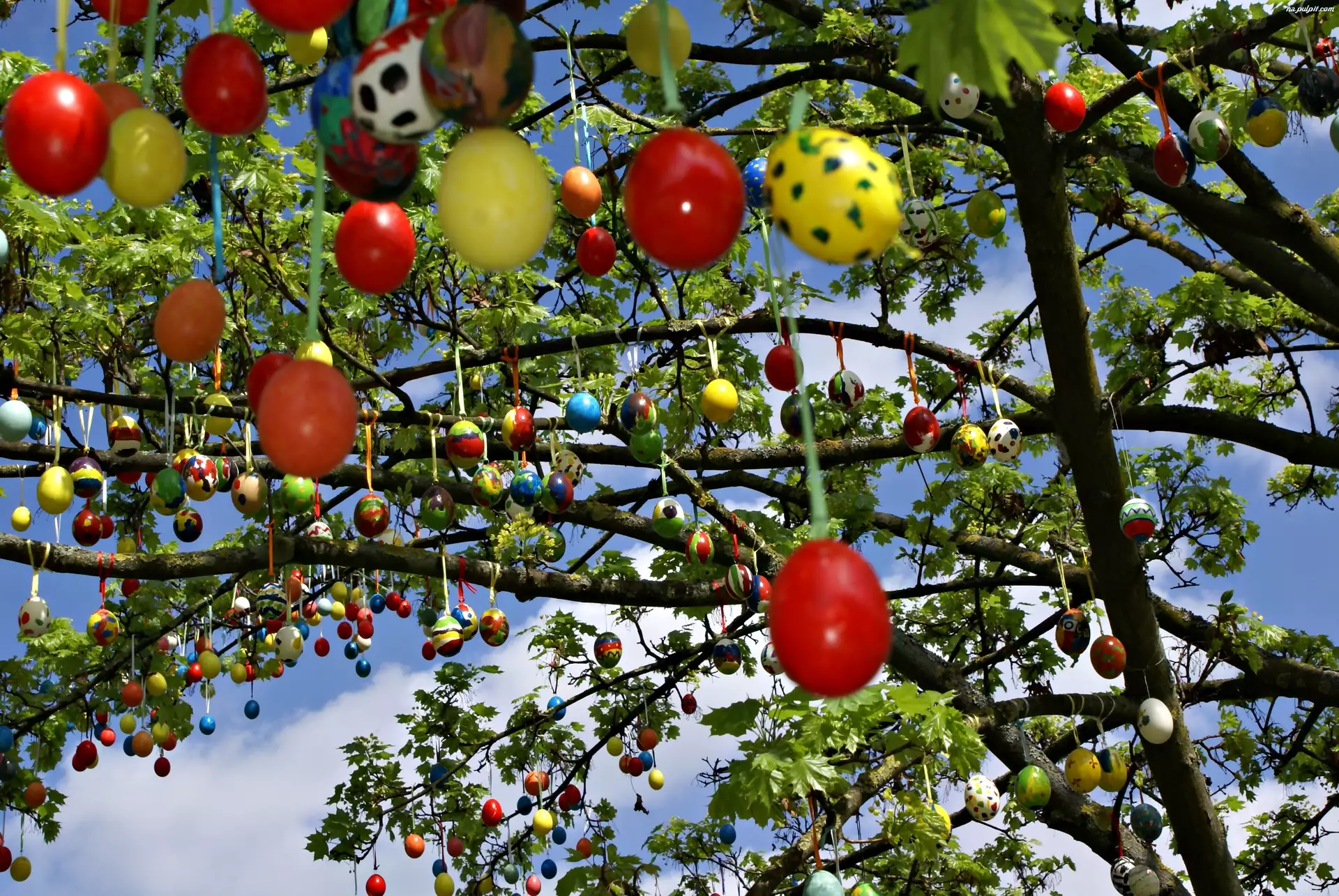 Wielkanoc, Wiosna, Kolorowe pisanki, Drzewo