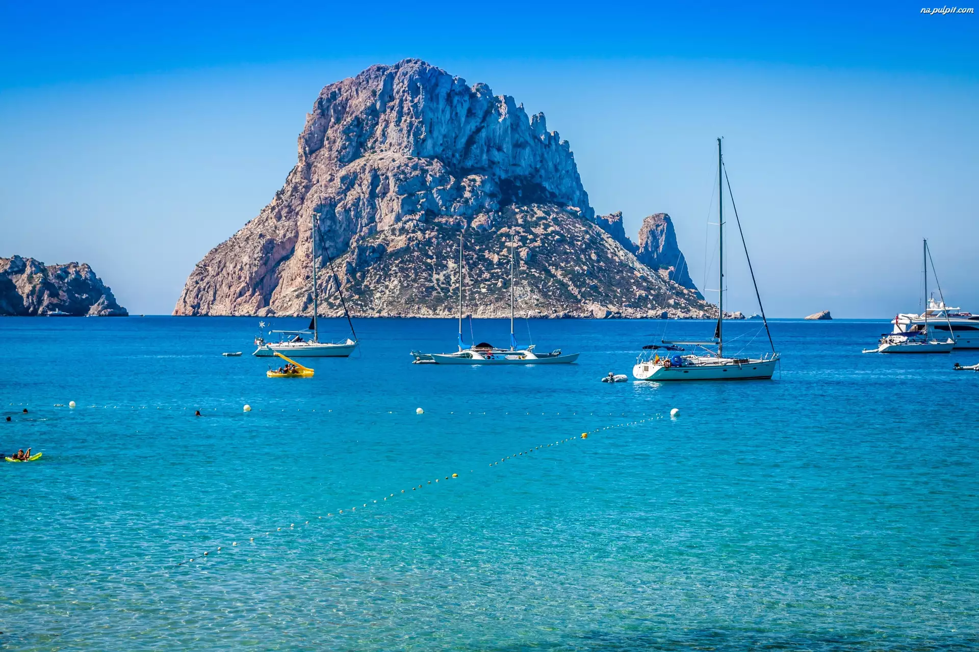Łódki, Ibiza, Morze, Hiszpania, Skały