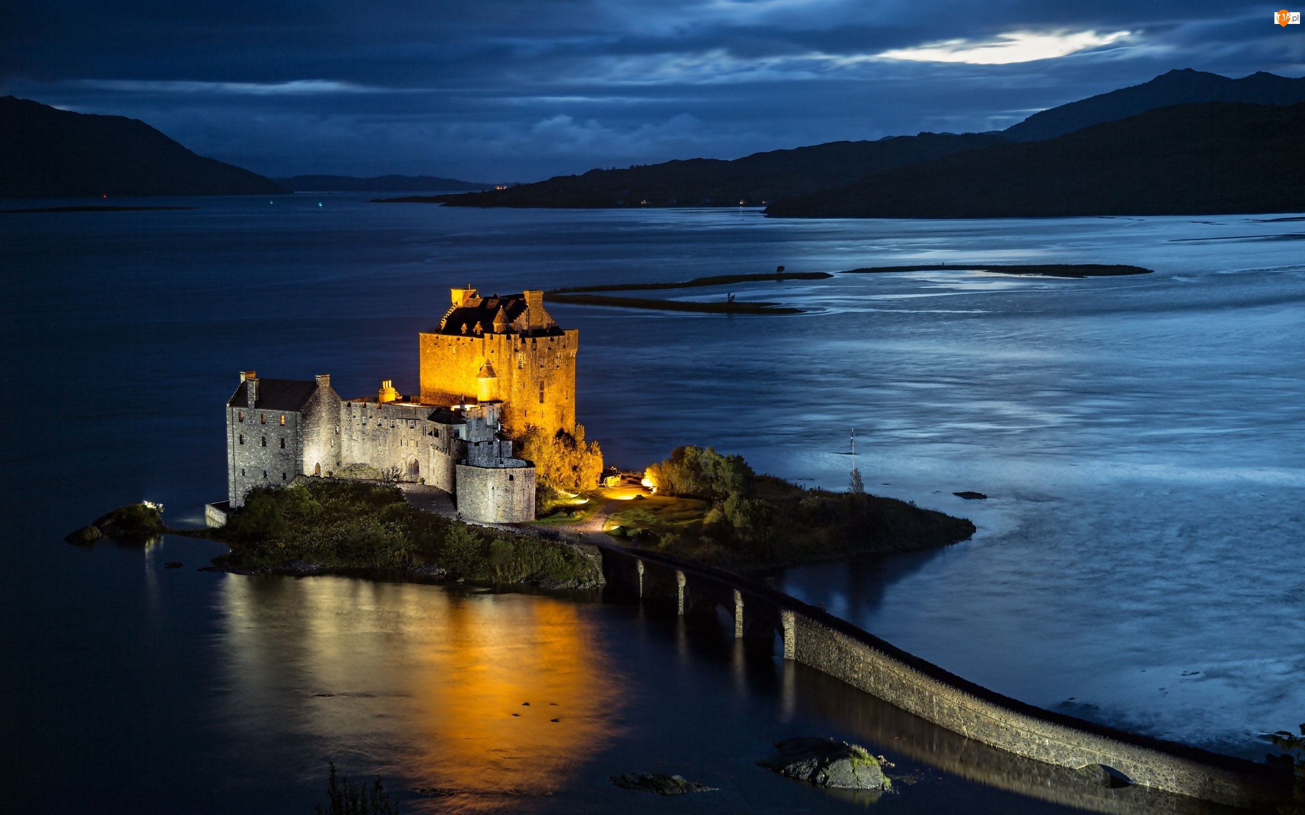 Wyspa, Zamek Eilean Donan, Most, Noc, Kamienny, Szkocja