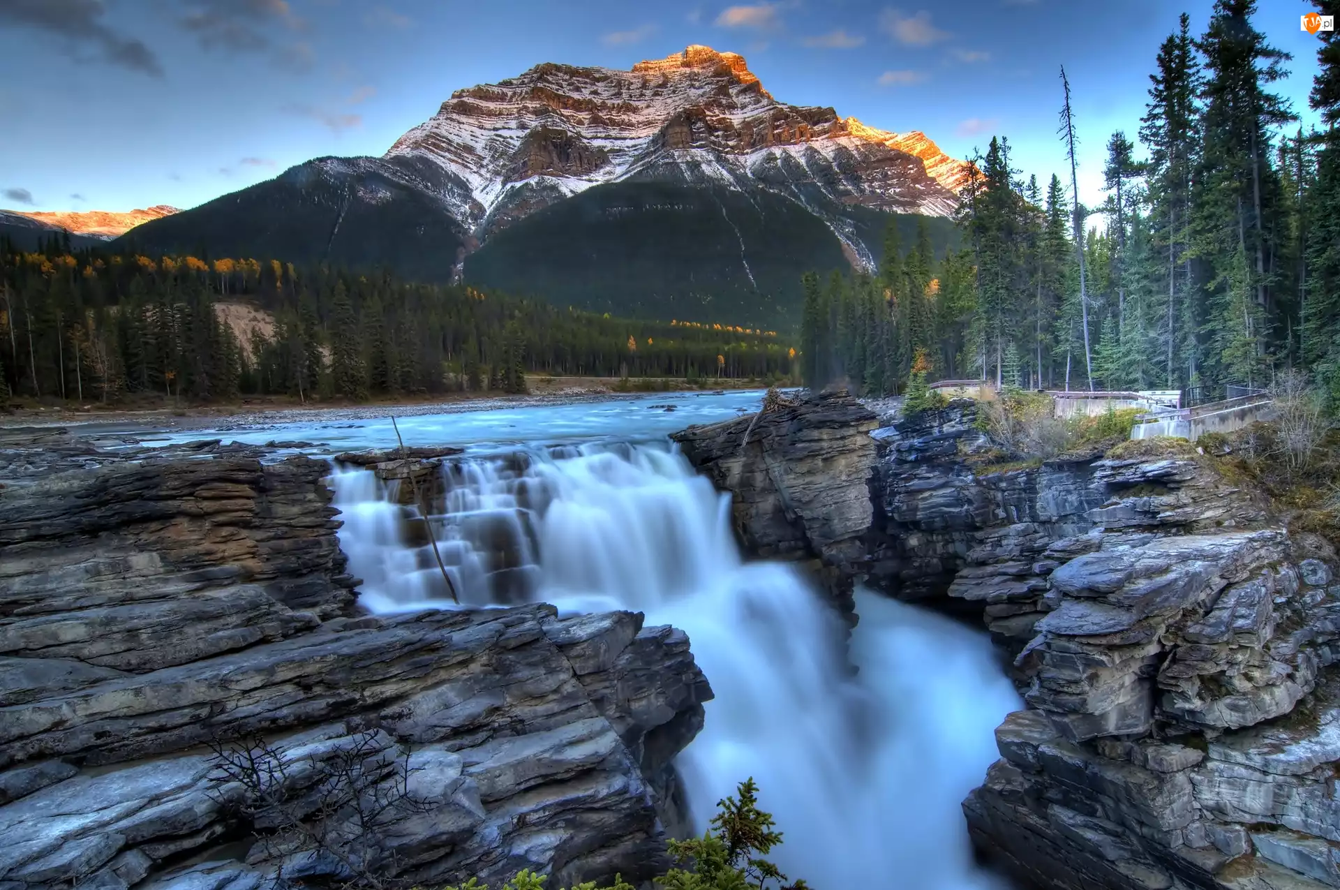 Kanada, Góry, Skały, Las, Wodospad. Jasper
