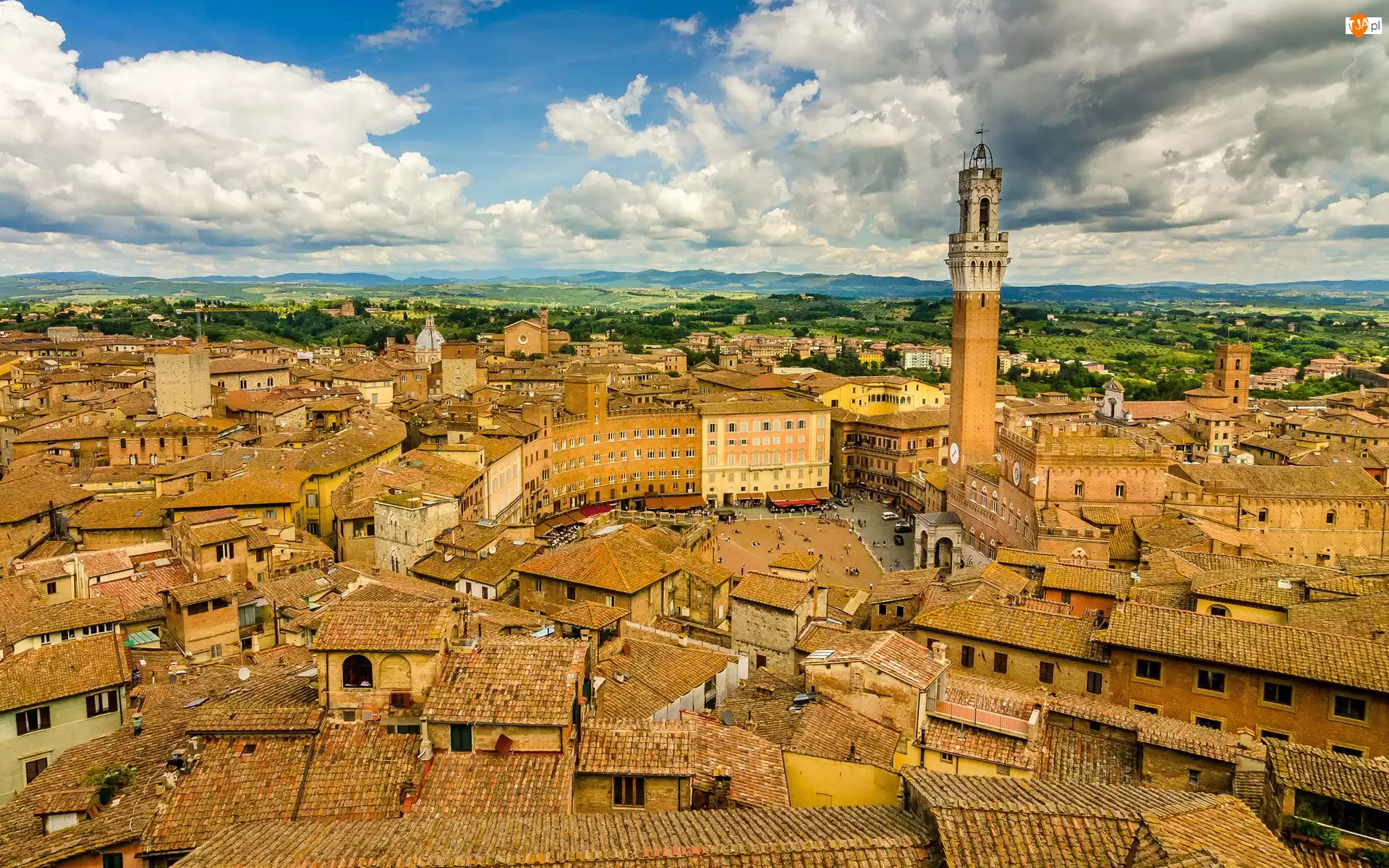 Toskania, Miasta, Domy, Wieża, Włochy, Panorama, Siena