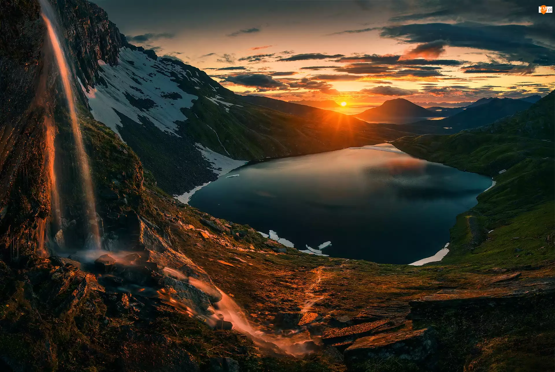 Północna Norwegia, Zachód Słońca, Jezioro, Góry