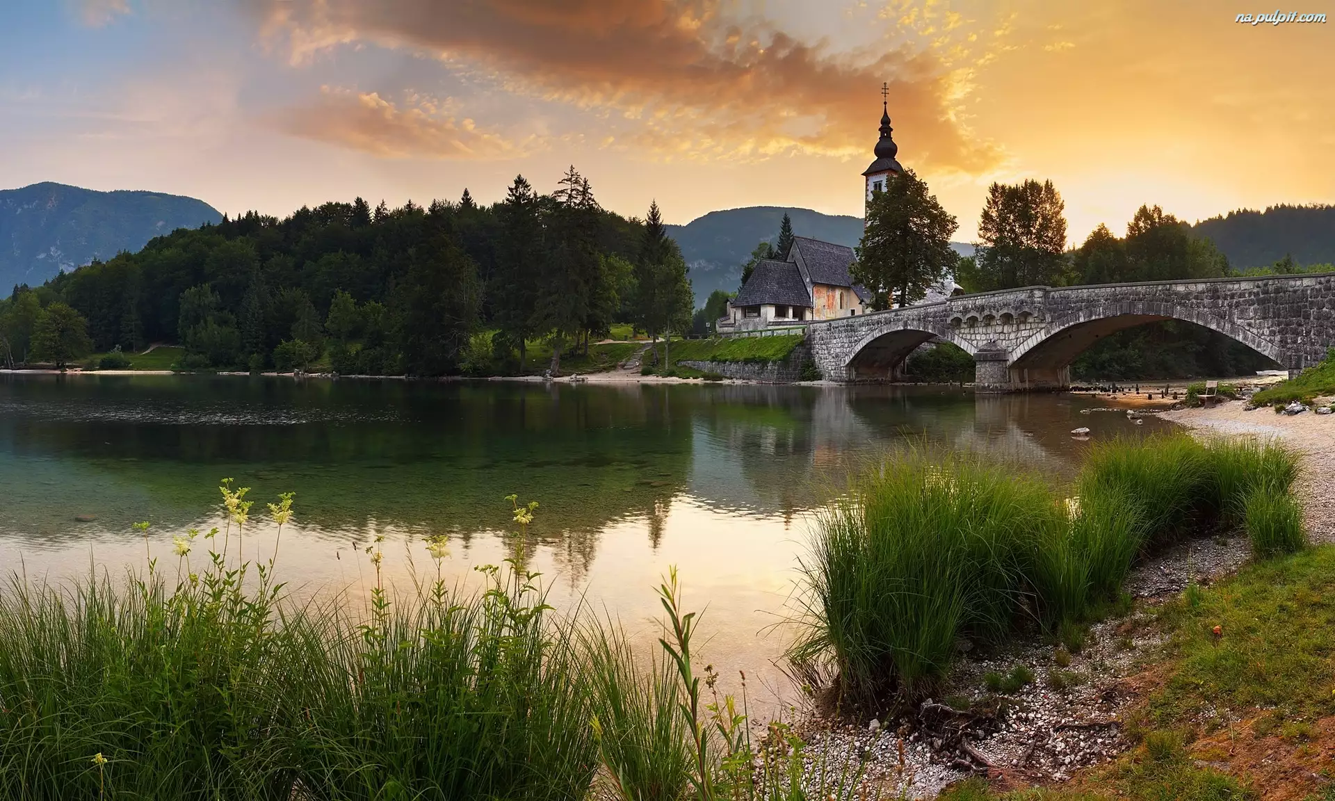 Jezioro, Słowenia, Bohinj, Most