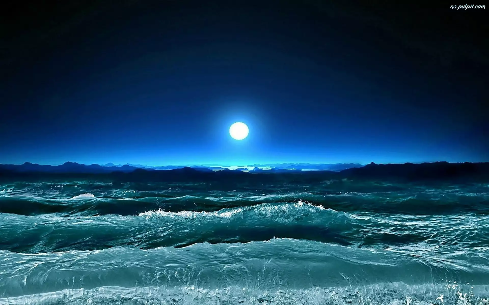 Morze, Księżyc, Fale, Noc