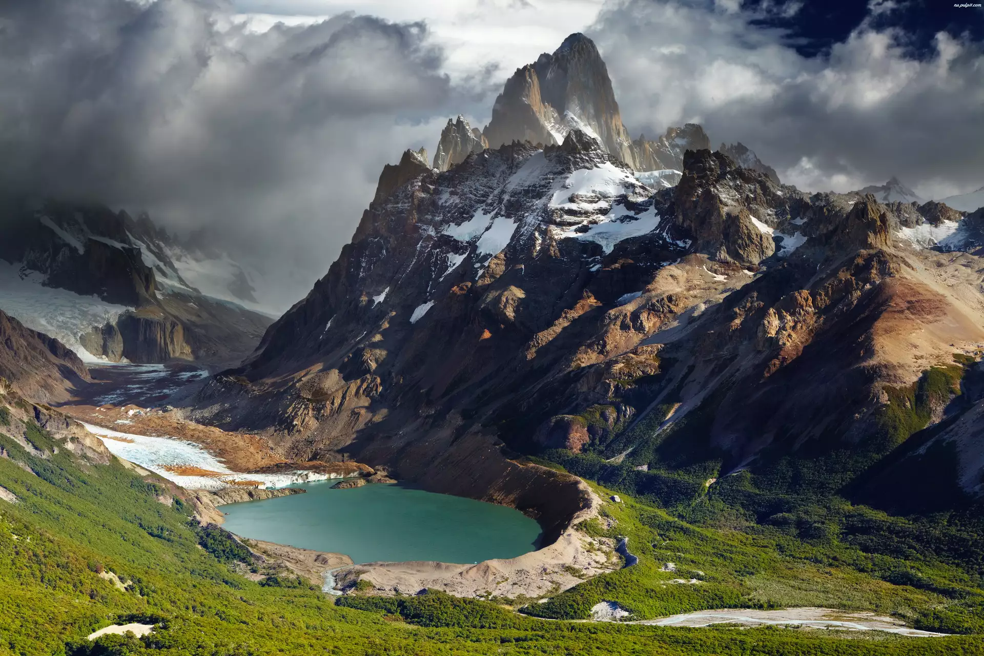 Góry, Jezioro, Patagonia, Argentyna, Andy