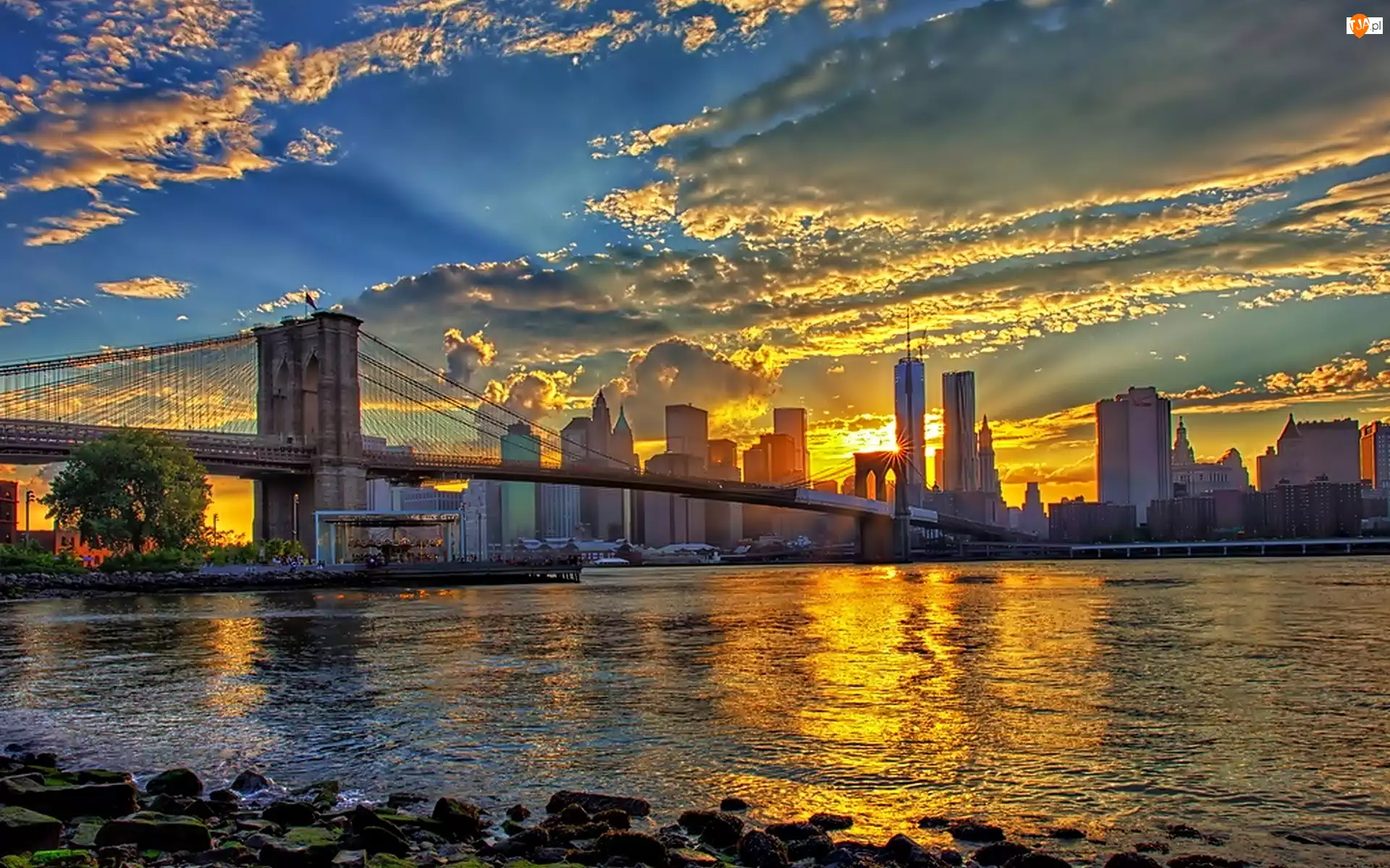 Nowy Jork, Zachód Słońca, Panorama, Most