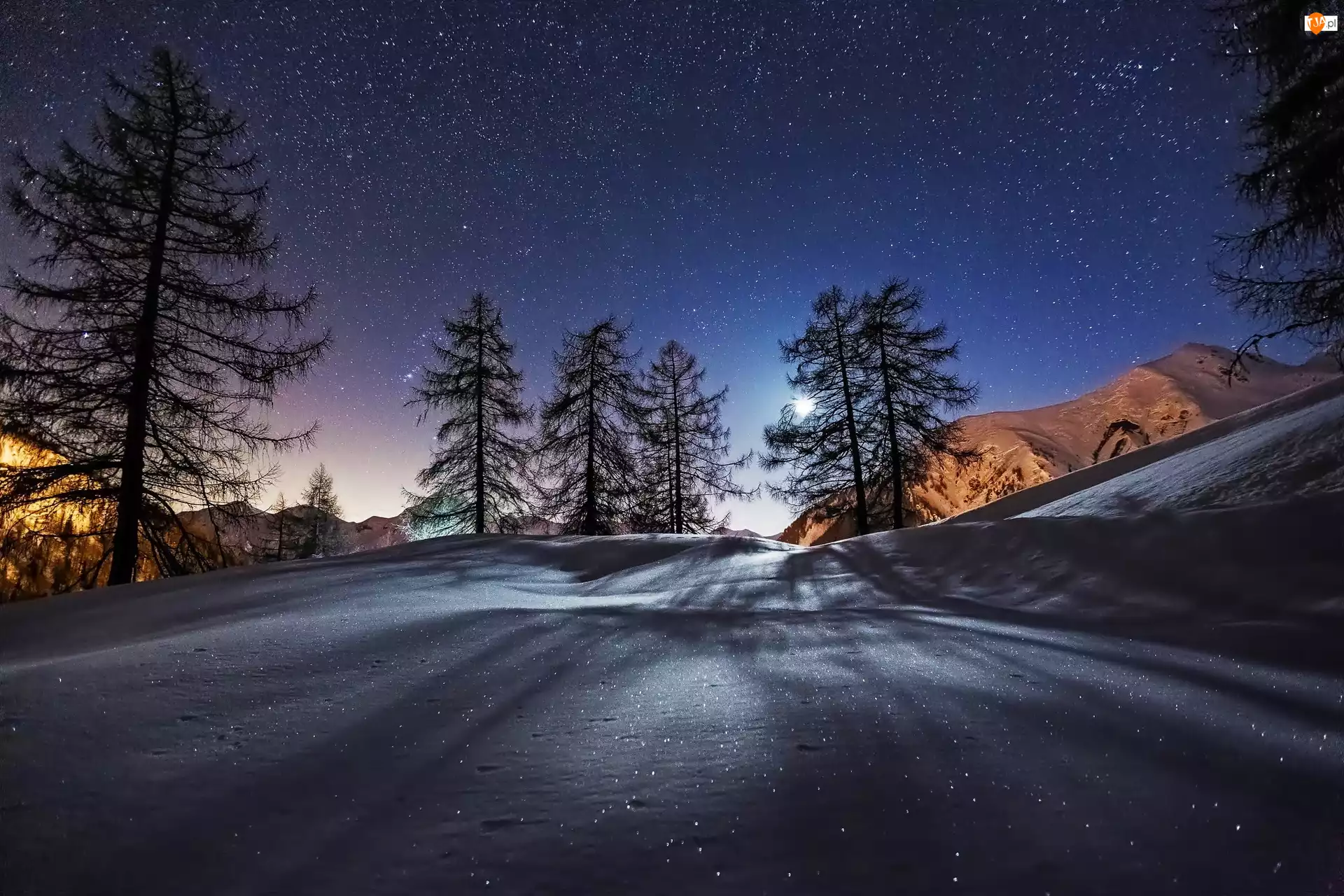 Góry, Gwiazdy, Noc, Zima, Drzewa