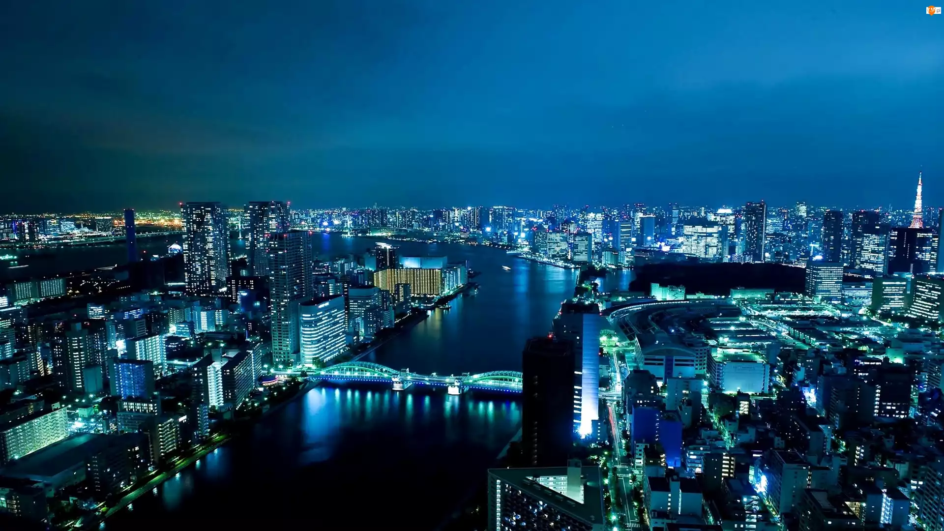 Miasta, Chmur, Panorama, Tokio, Nocna, Rzeka, Sumida, Drapacze, Most