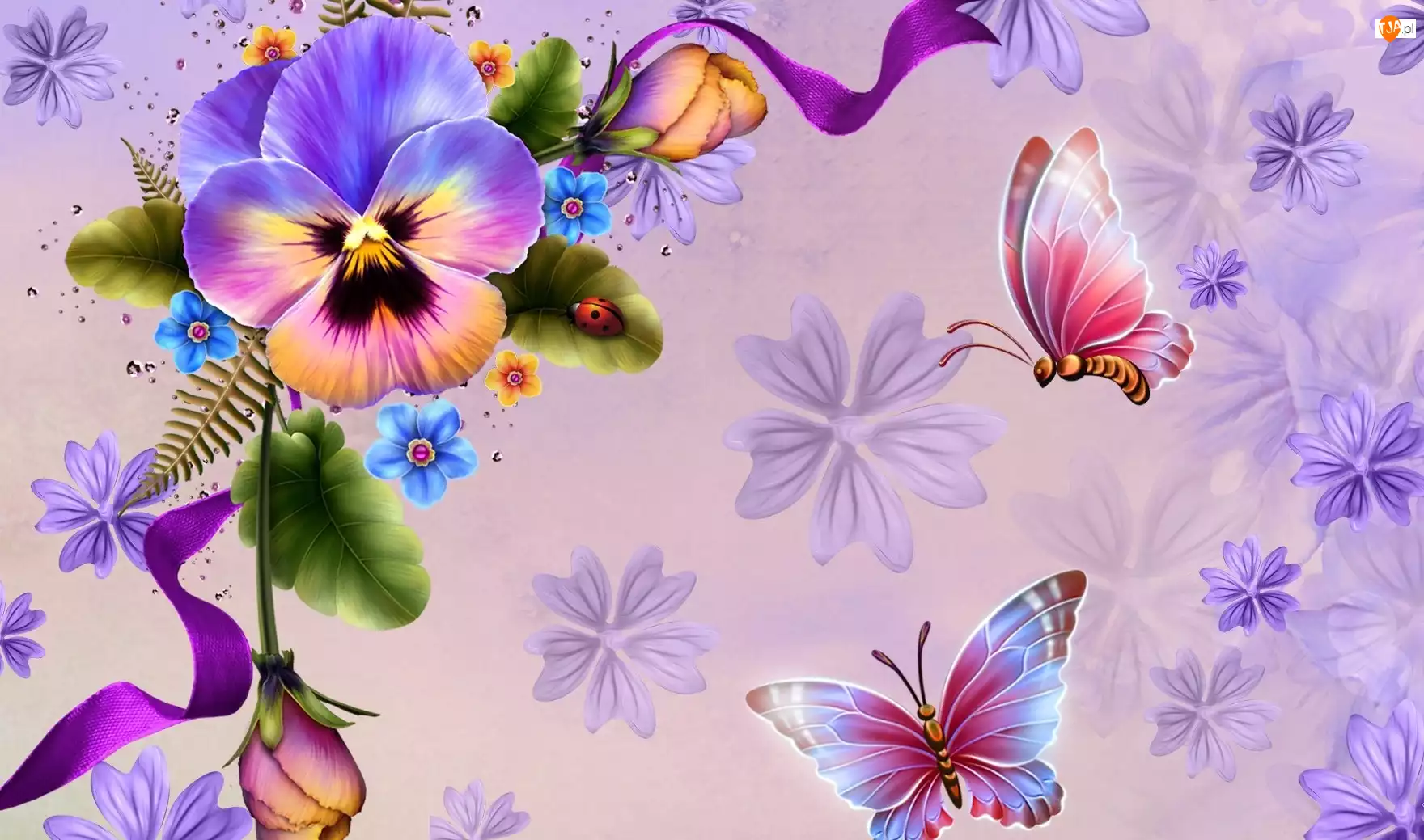 Grafika, Kwiaty, Motyle, Biedronka
