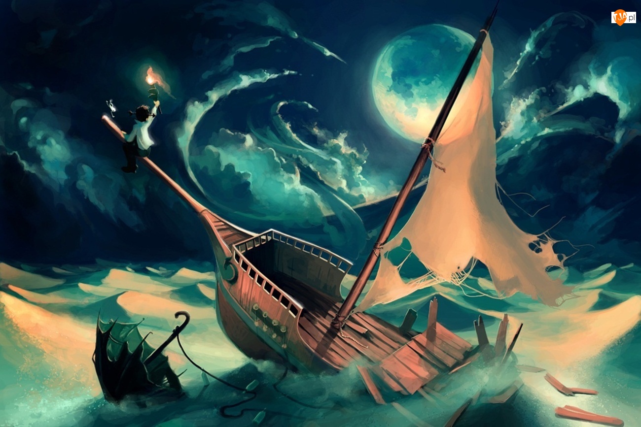 Łódka, Księżyc, Mężczyzna, Cyril Rolando, Morze
