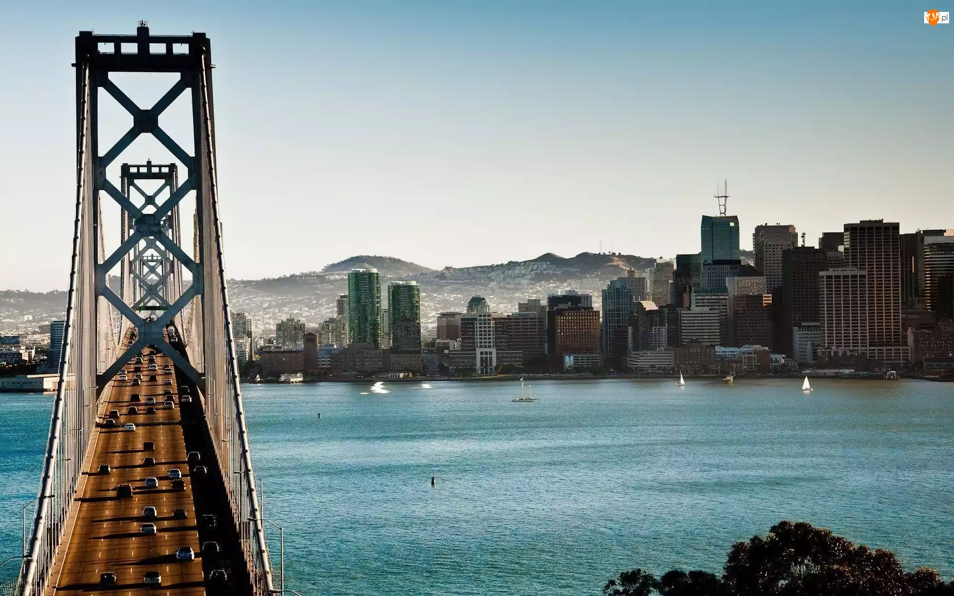 Miasta, Most, Wieżowce, Góry, Rzeka, Panorama, San Francisco, Łódki