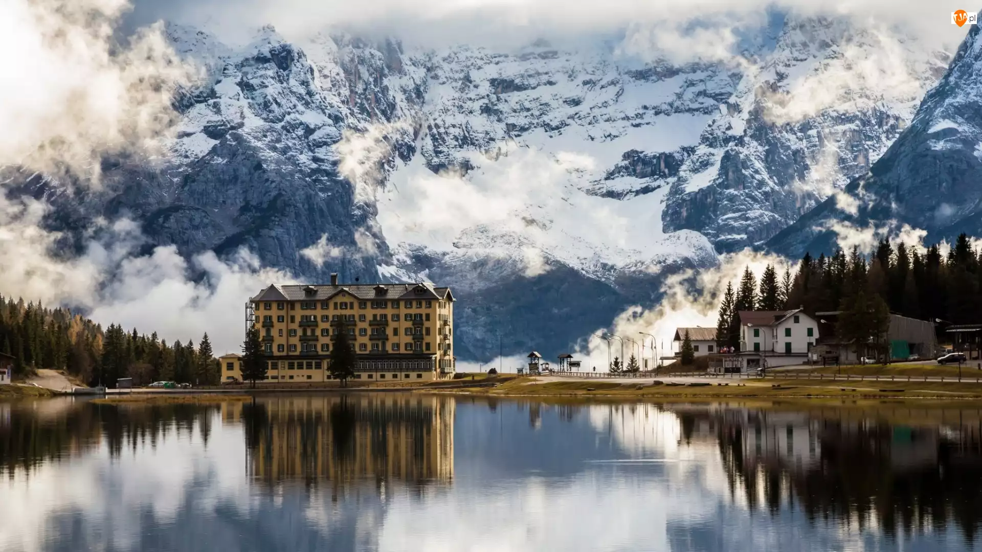Hotel, Zima, Jezioro, Góry