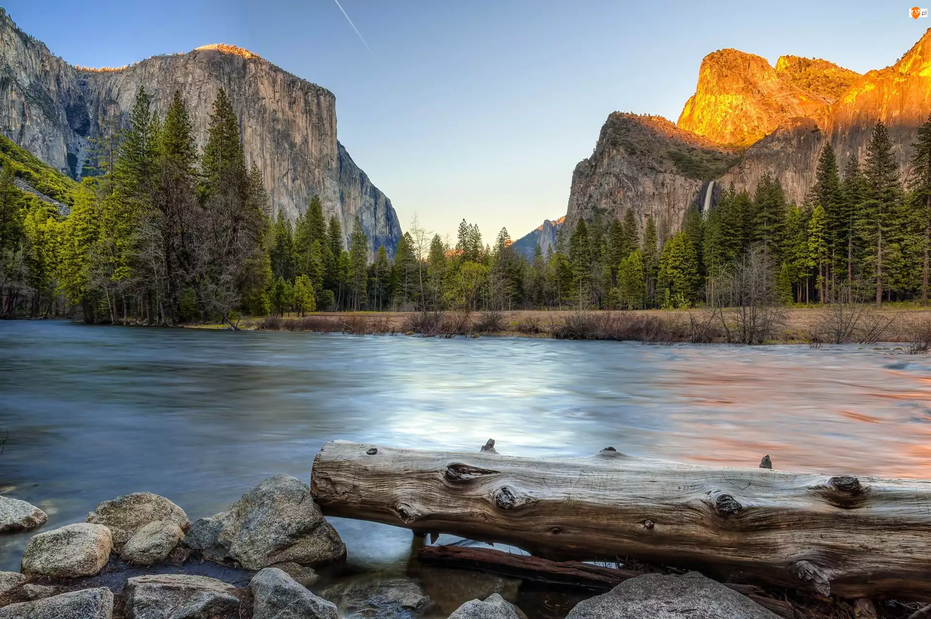 Stan Kalifornia, Park Narodowy Yosemite, Drzewa, Stany Zjednoczone, Kamienie, Rzeka, Góry