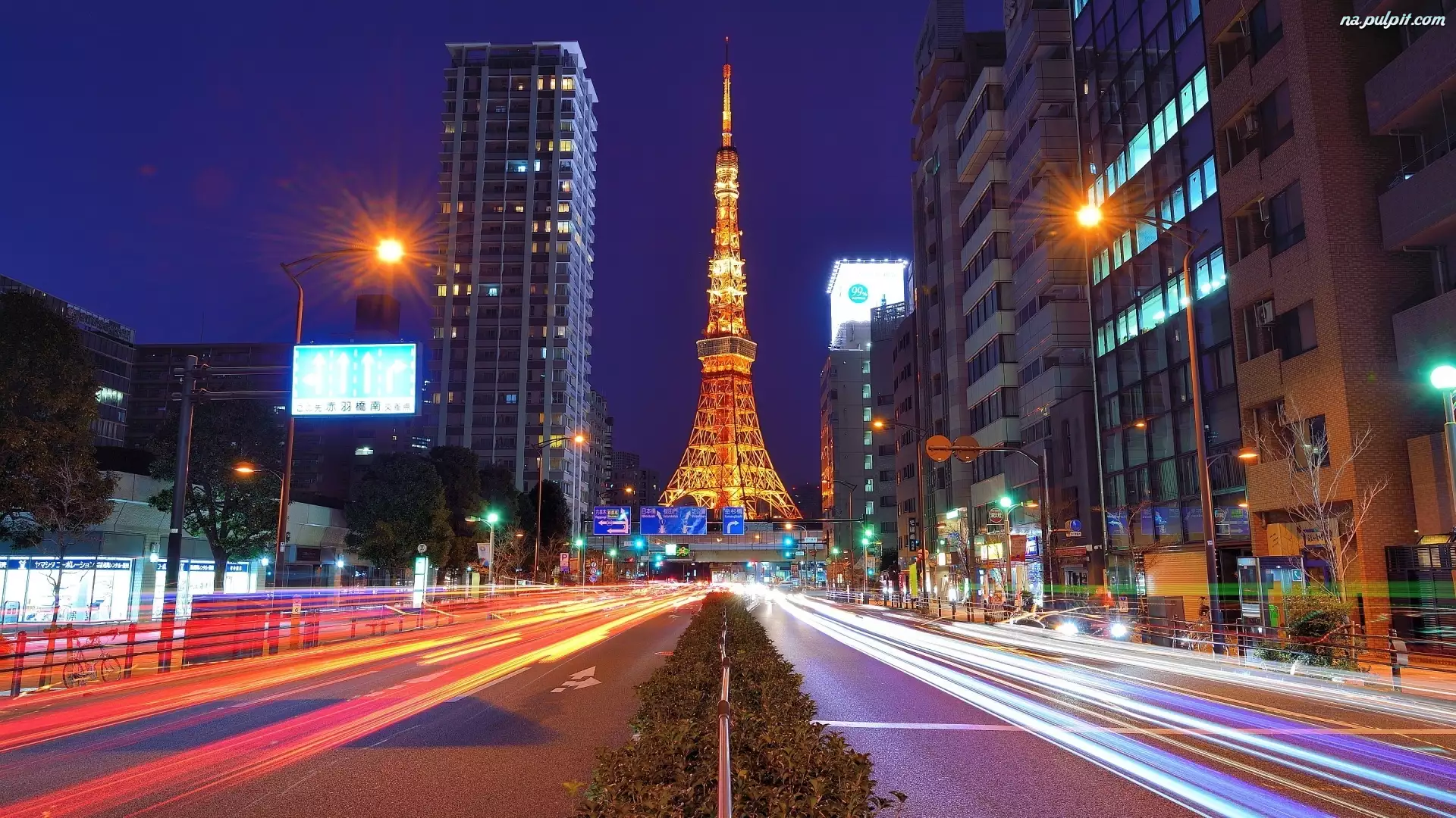 Ulica, Wieża, Tokio, Japonia, Noc, Tower, Drapacze Chmur