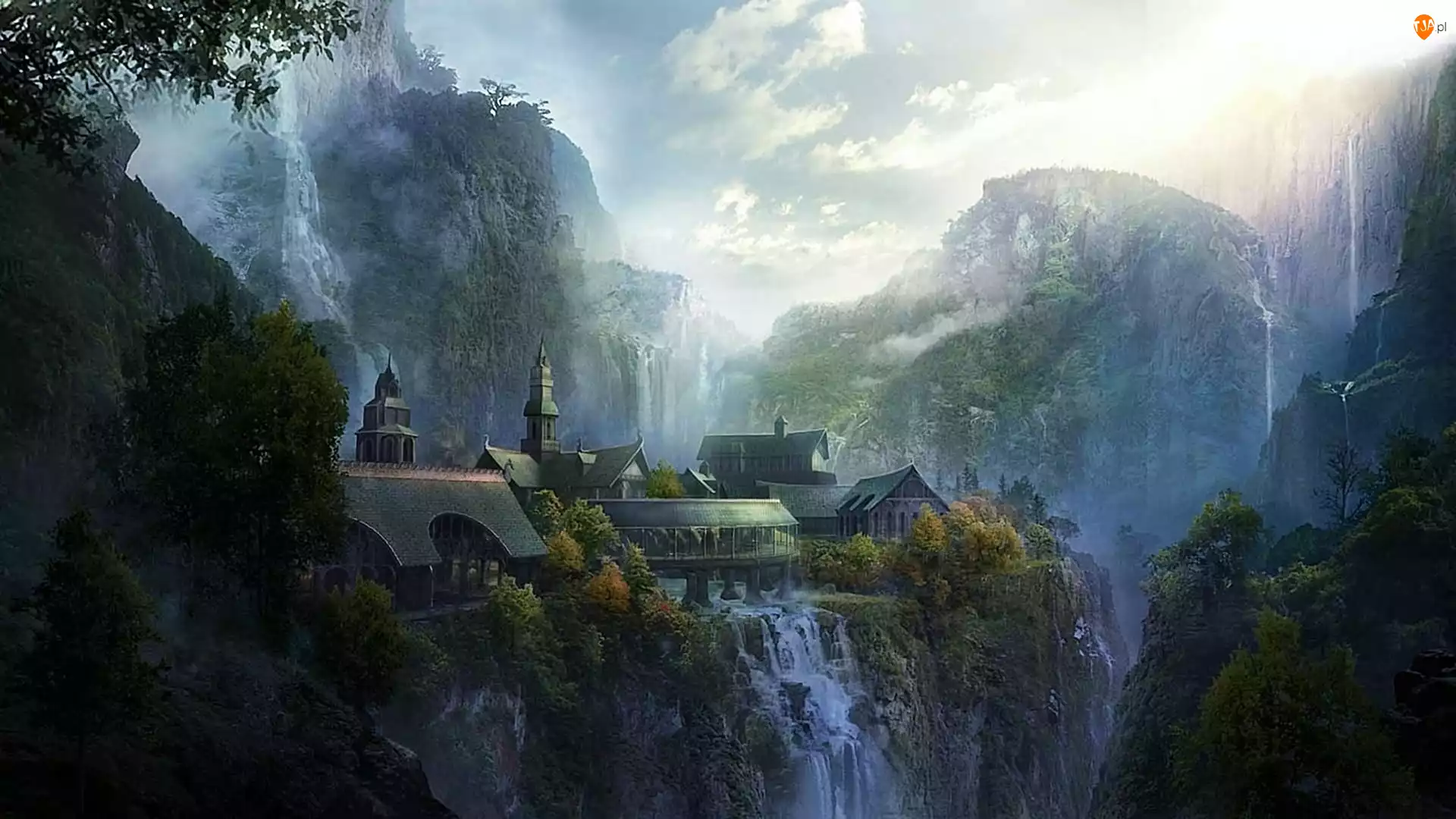 Fantasy, Wodospady, Budynki, Góry