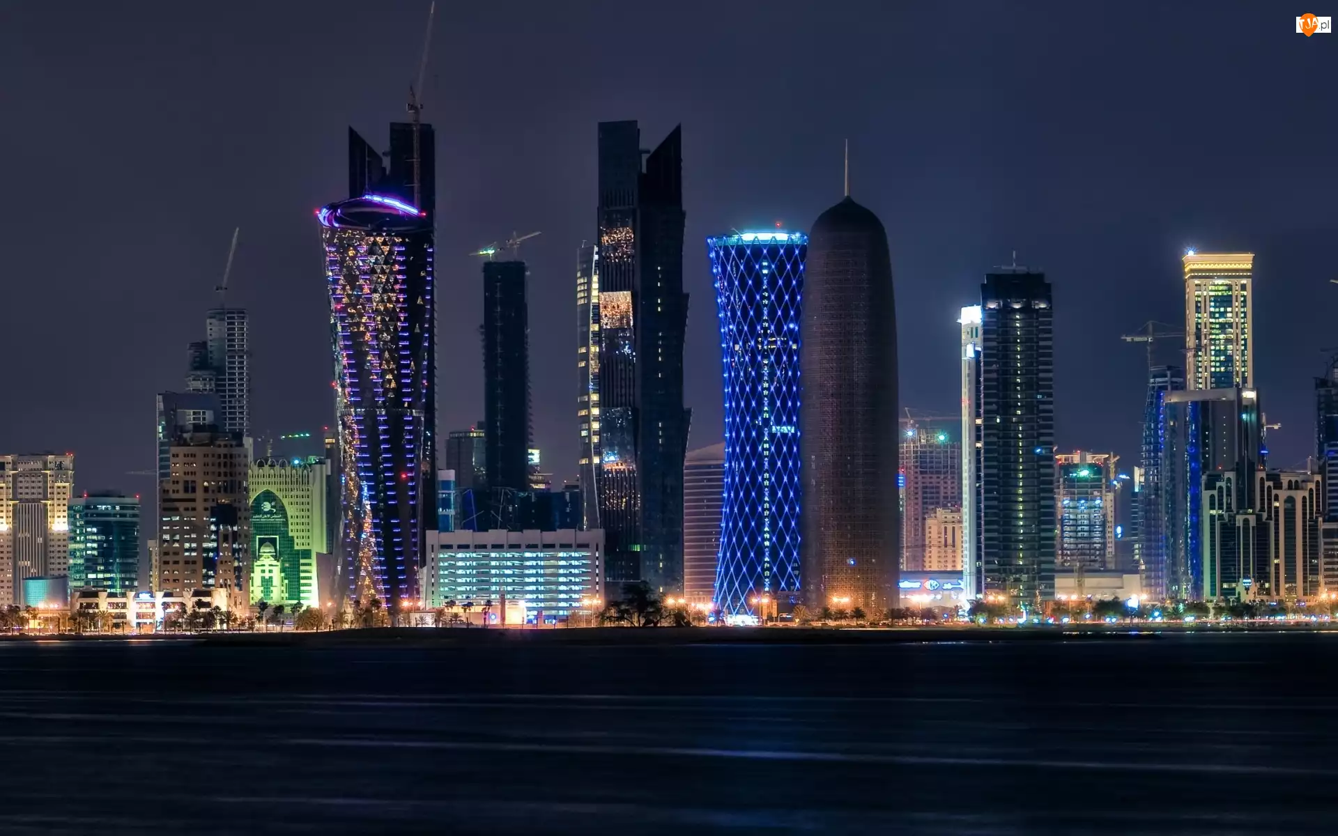 Miasta, Katar, Chmur, Drapacze, Noc, Ad-Dauha, Panorama