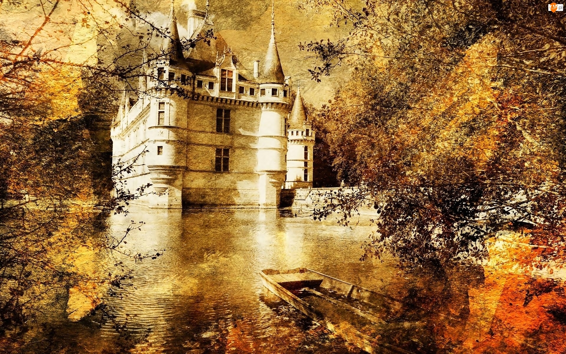 Chaumont sur Loire, Zamek w Chaumont, Staw, Grafika, Francja, Łódka