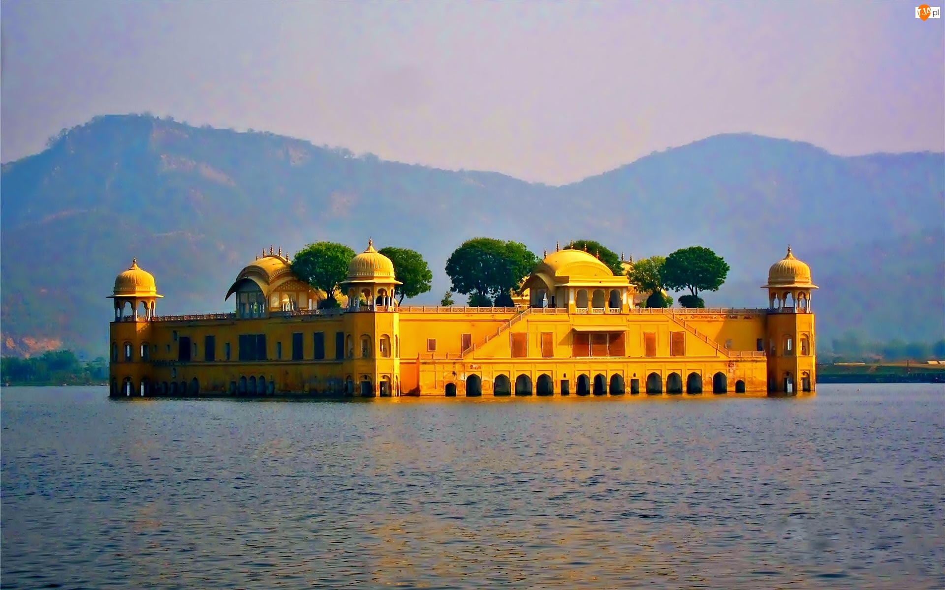 Jezioro, Jal Mahal, Wschód Słońca, Jaipur, Góry, Pałac