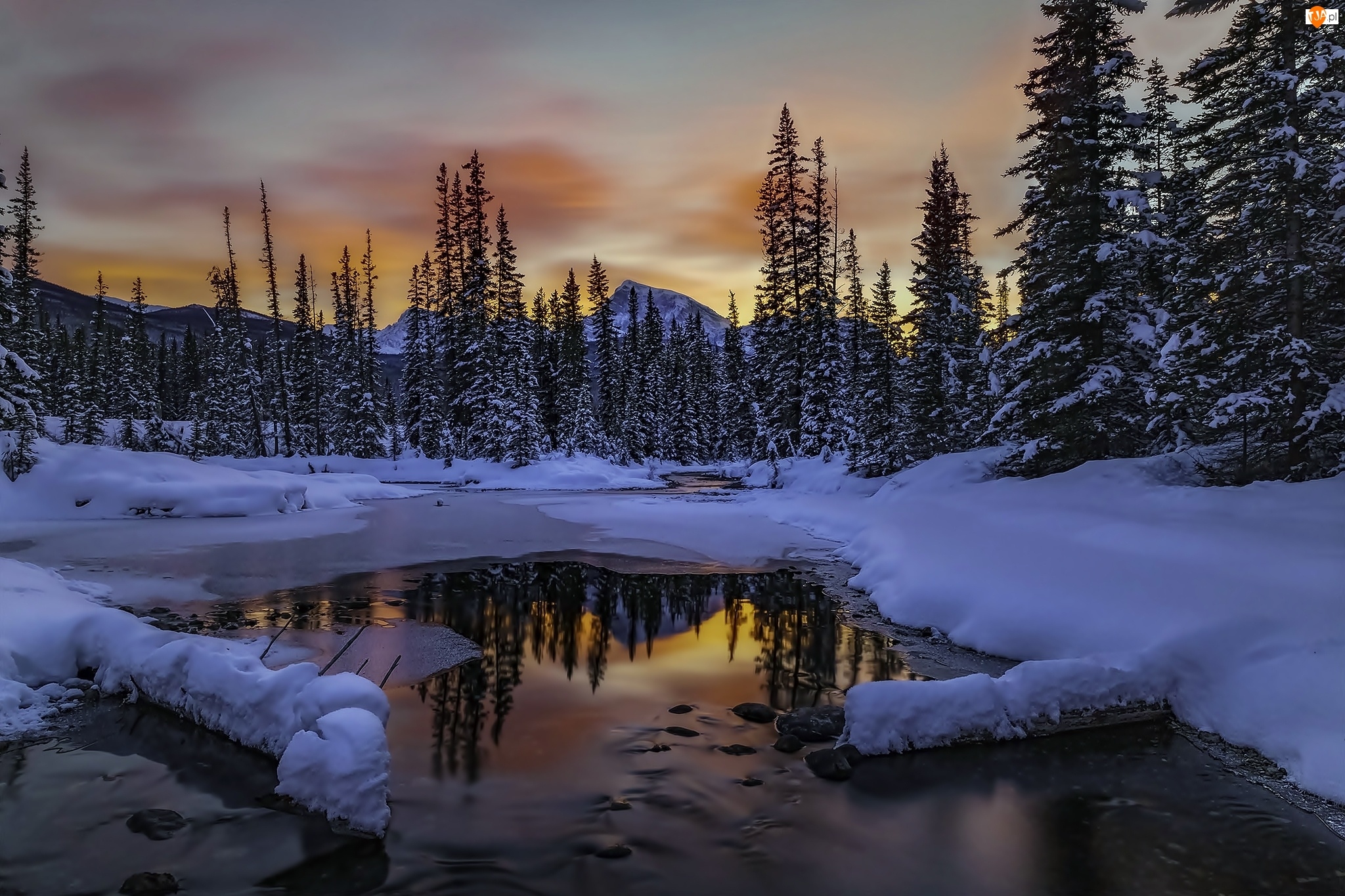 Rzeka, Banff, Zima, Kanada, Las, Zachód Słońca