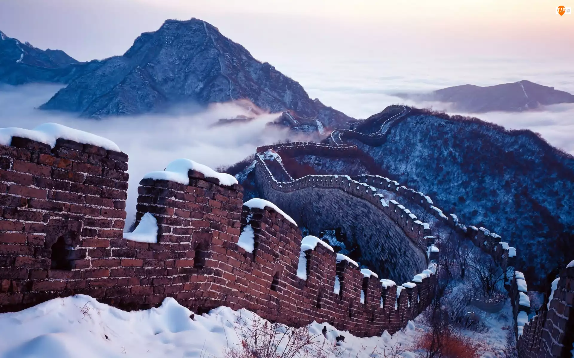 Zima, Mur, Góry, Chiński, Chmury