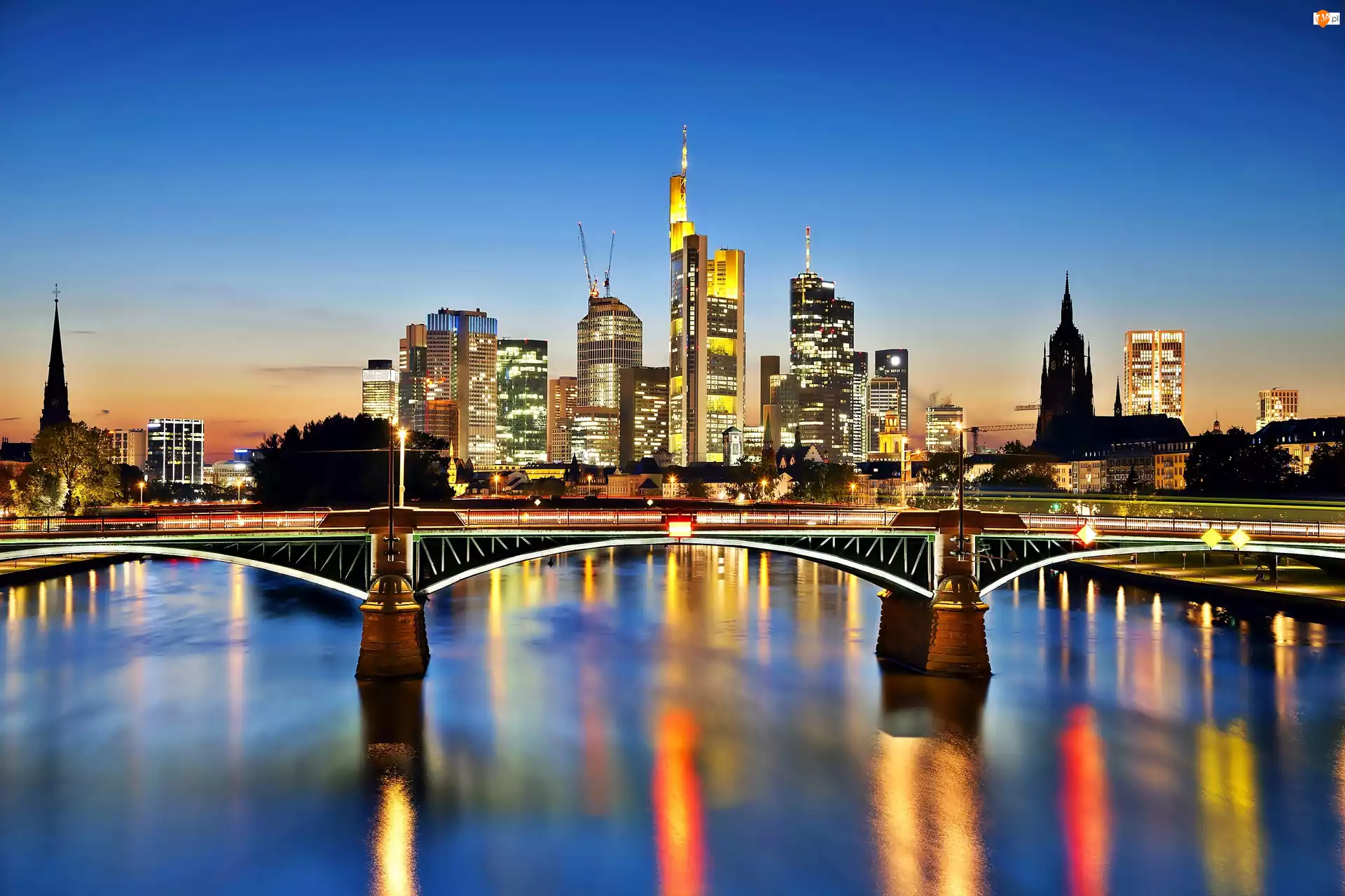Men, Most, Nocą, Rzeka, Miasta, Panorama, Frankfurt