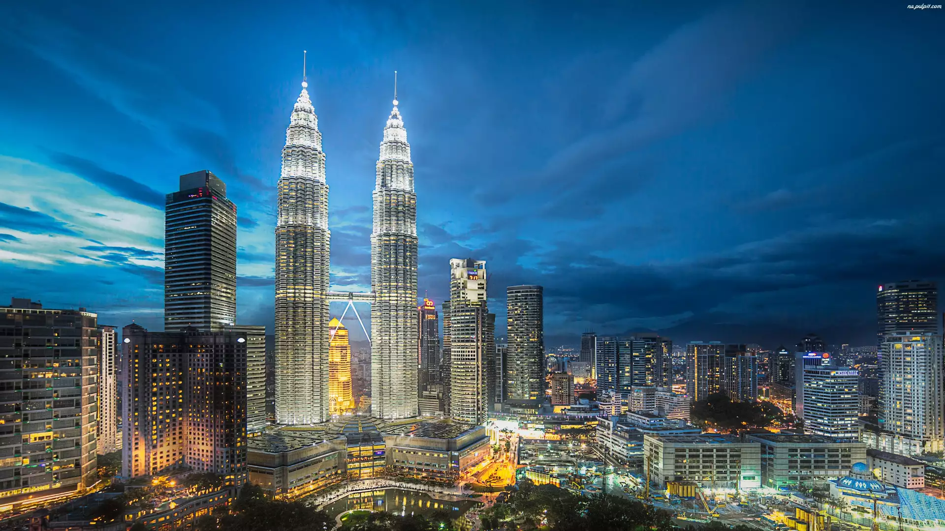 Miasto, Petronas Towers, Kuala Lumpur, Malezja, Noc