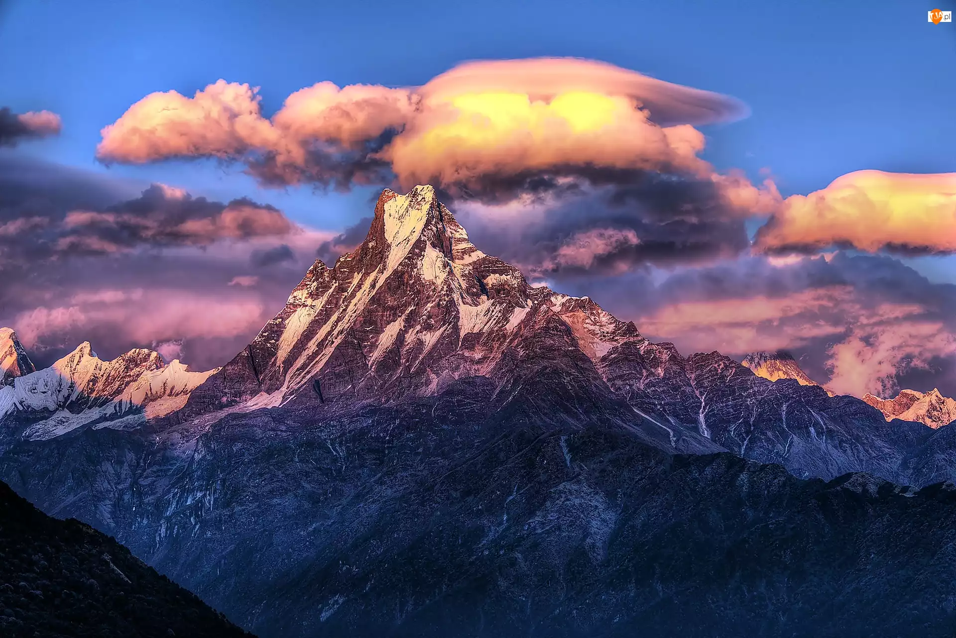 Chmury, Słońca, Góry, Nepal, Himalaje, Wschód