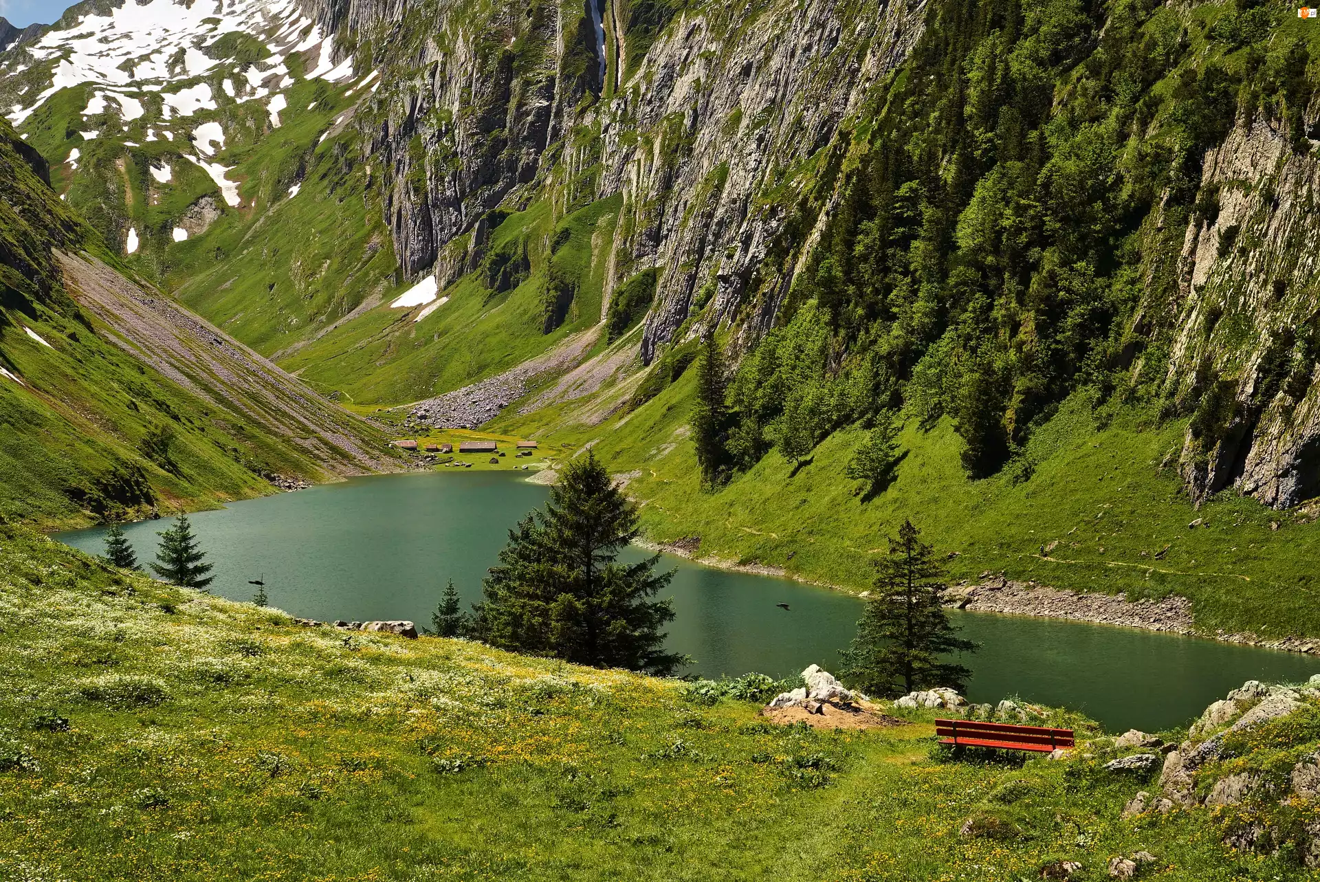Góry, Szwajcaria, Jezioro, Ławka