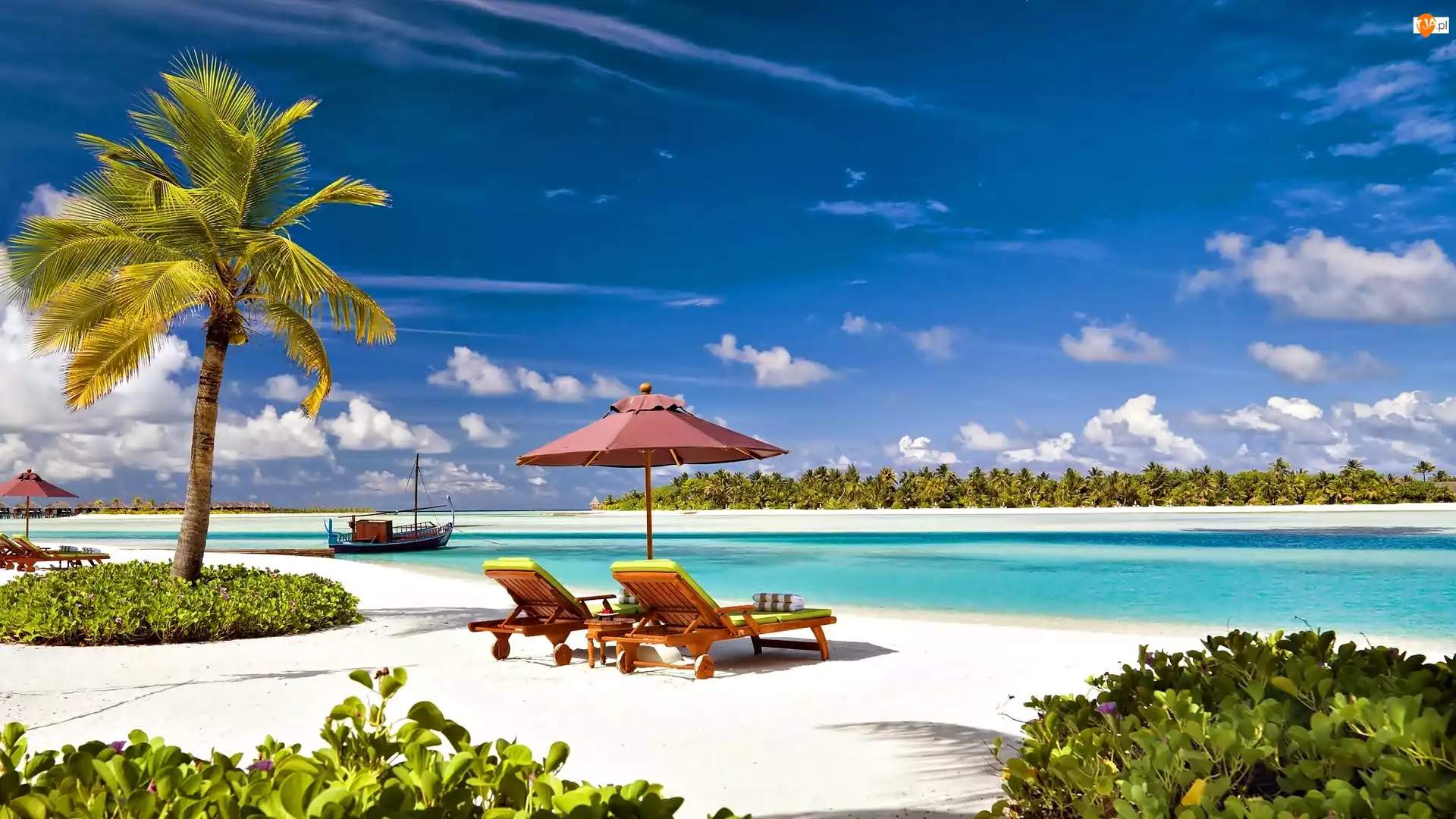 Malediwy, Laguna, Palmy, Plaża, Leżaki