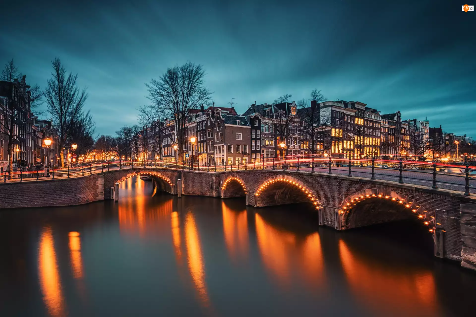 Noc, Most, Amsterdam, Odbicie, Kanały, Światła