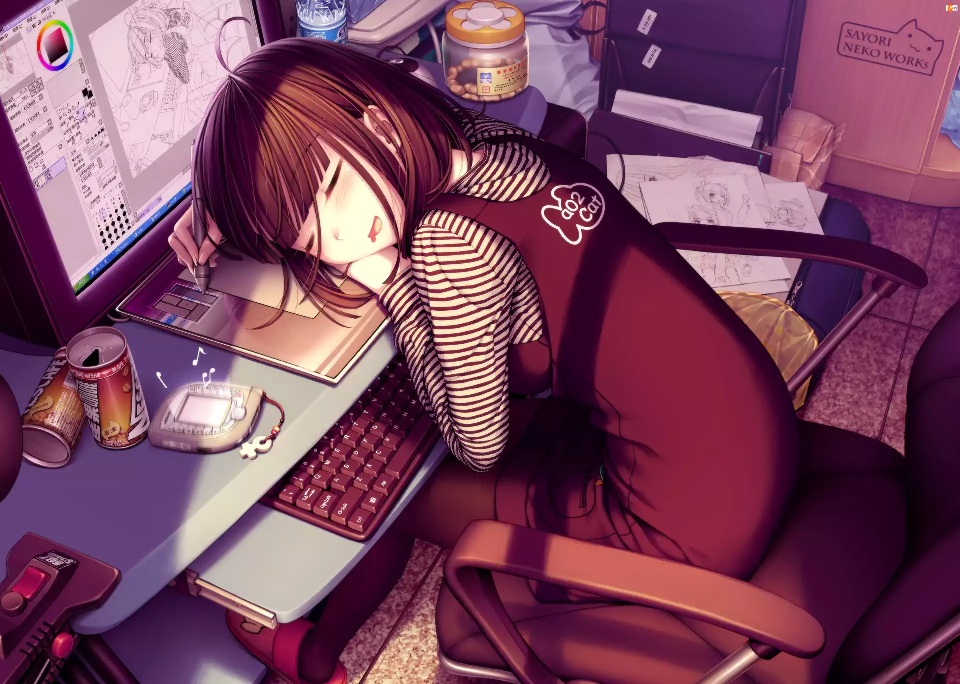 Anime, Dziewczyna, Komputer, Tablet graficzny
