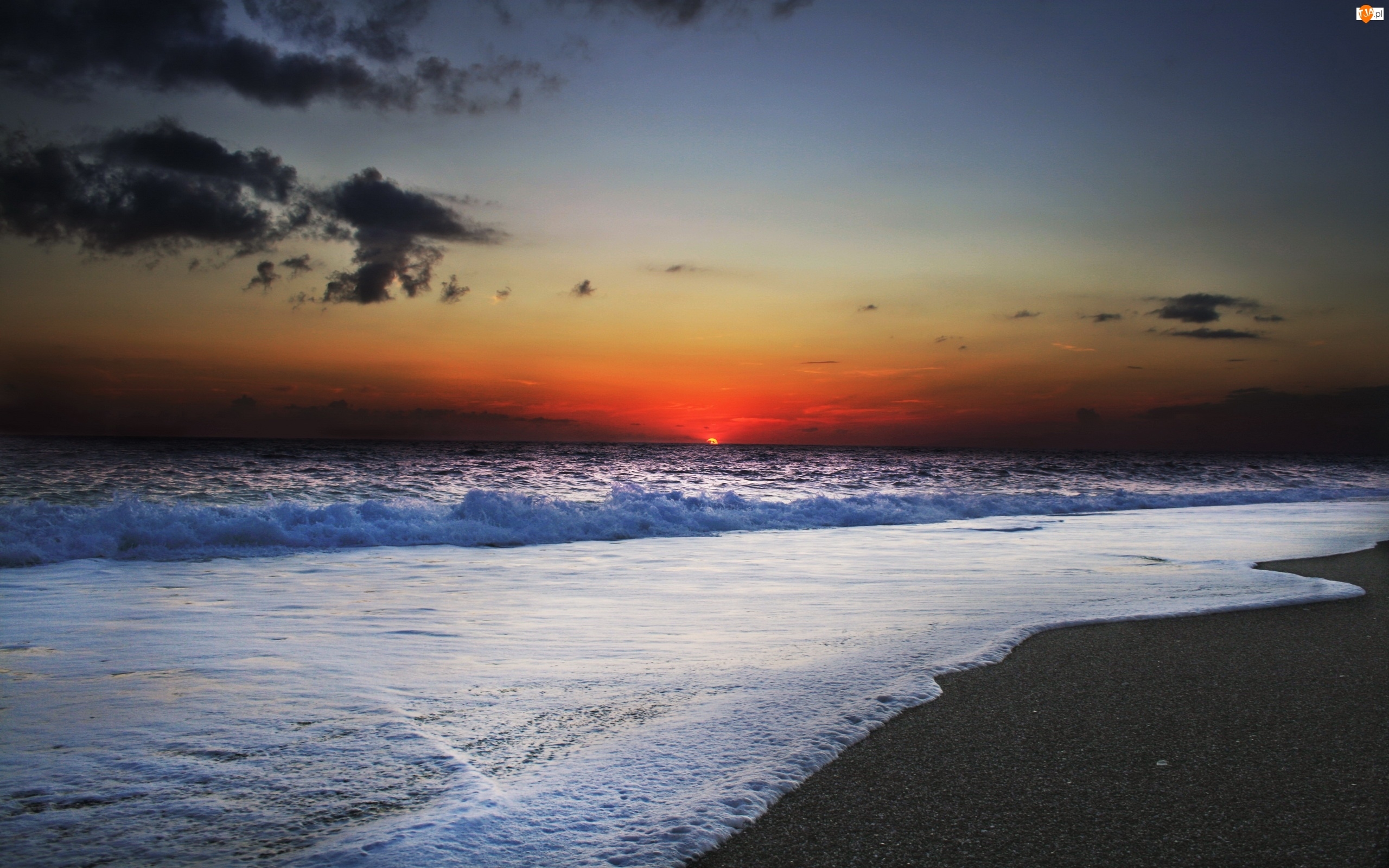 Zachód słońca, Plaża, Fale