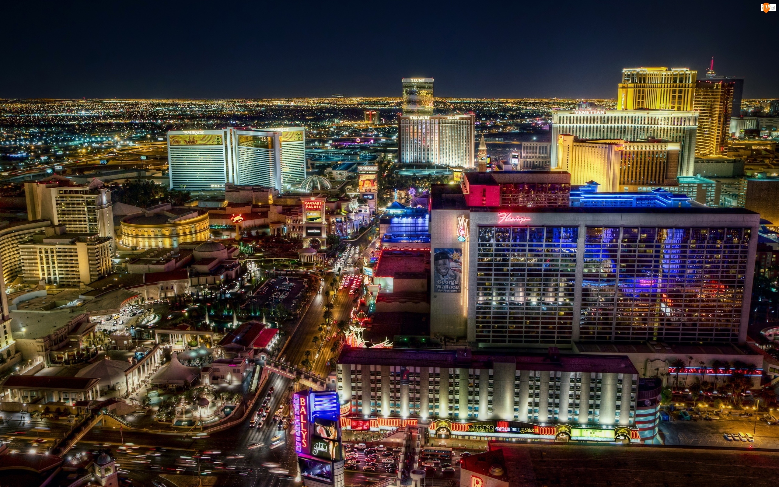 Hotele, Miasta, Las Vegas, Noc, Wieżowce, Panorama
