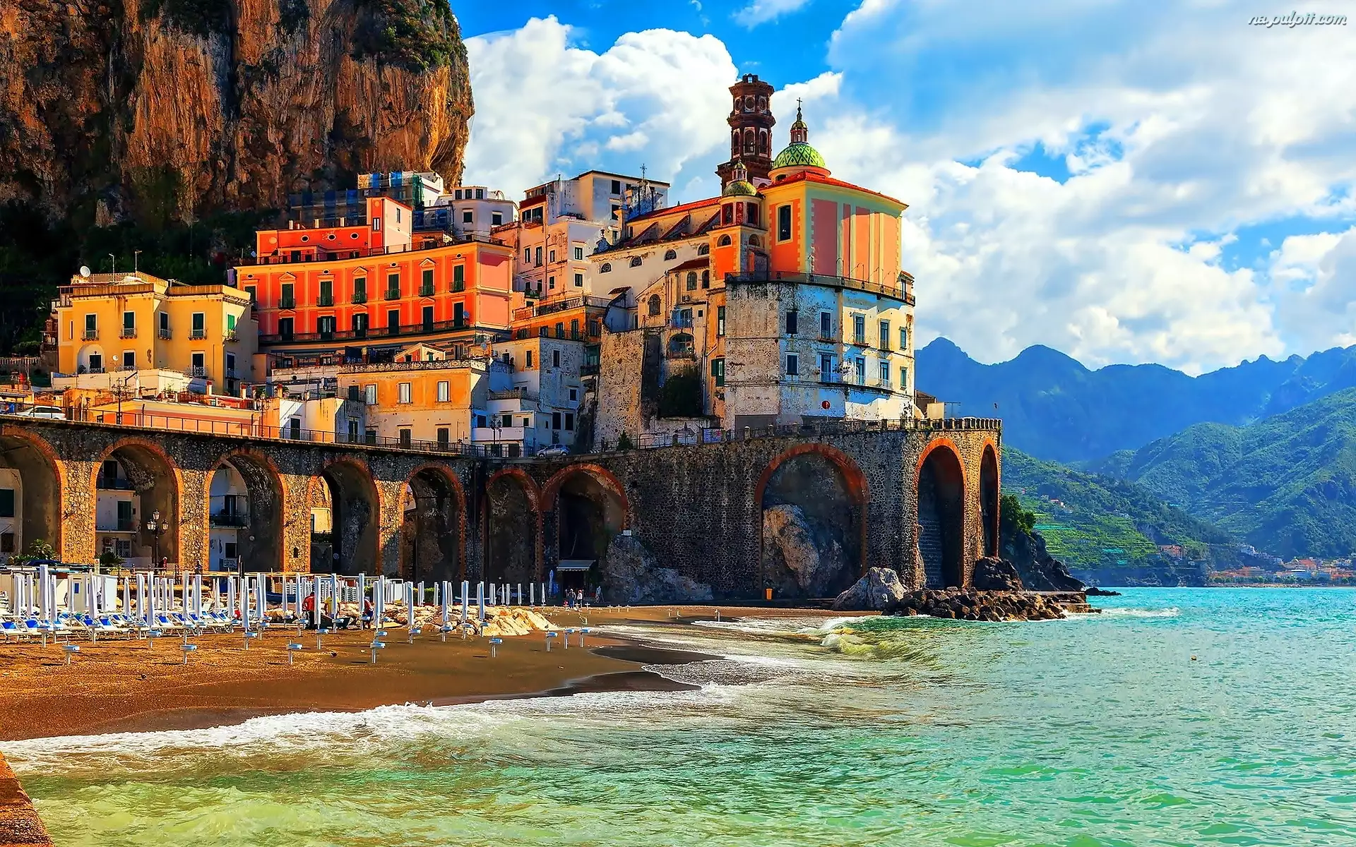 Zdjęcie Miasta, Hotele, Positano, Włochy, Wybrzeże, Morze, Góry