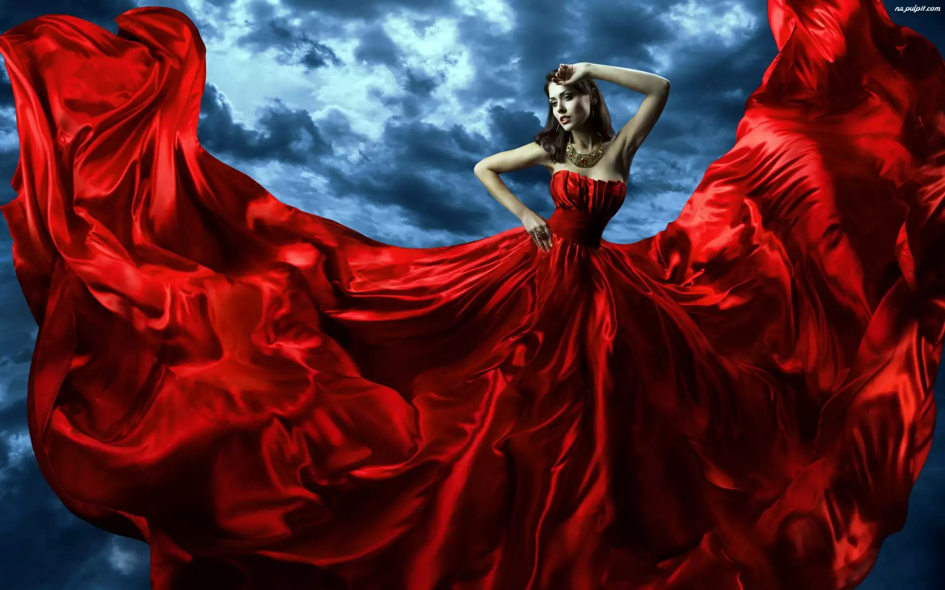 Chmury, Kobieta, Suknia, Czerwona, Niebo