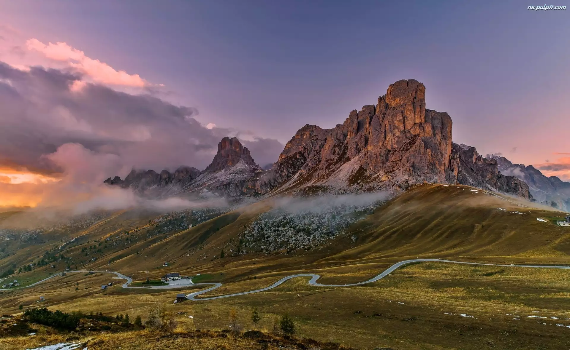 Droga, Góry, Dolomity, Włochy, Mgła, Prowincja Belluno, Passo di Giau