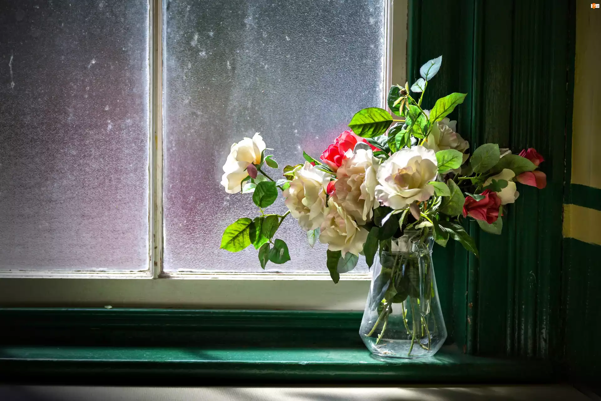 Okno, Bukiet, Kwiatów, Róże