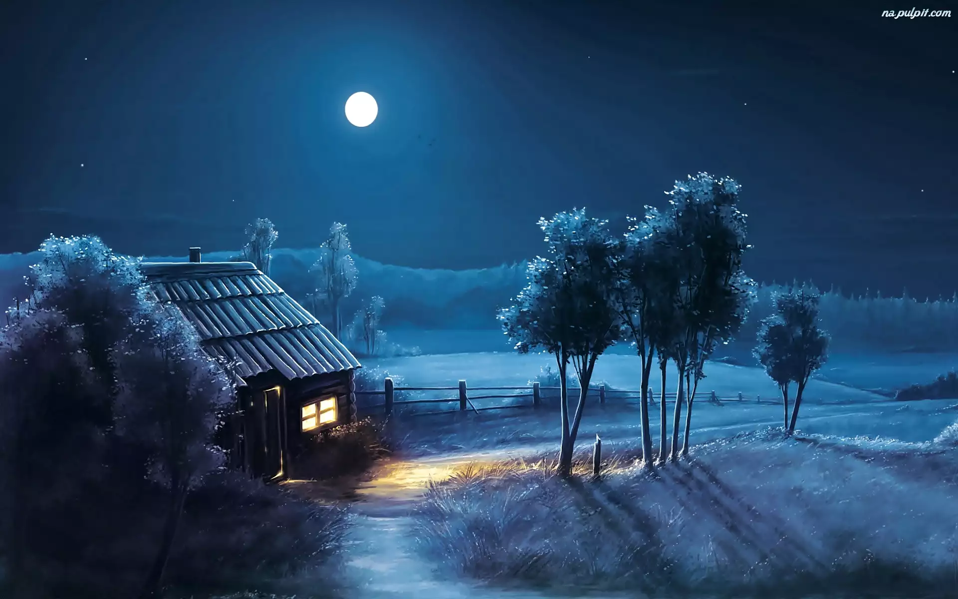 Dom, Księżyc, Drzewa, Noc