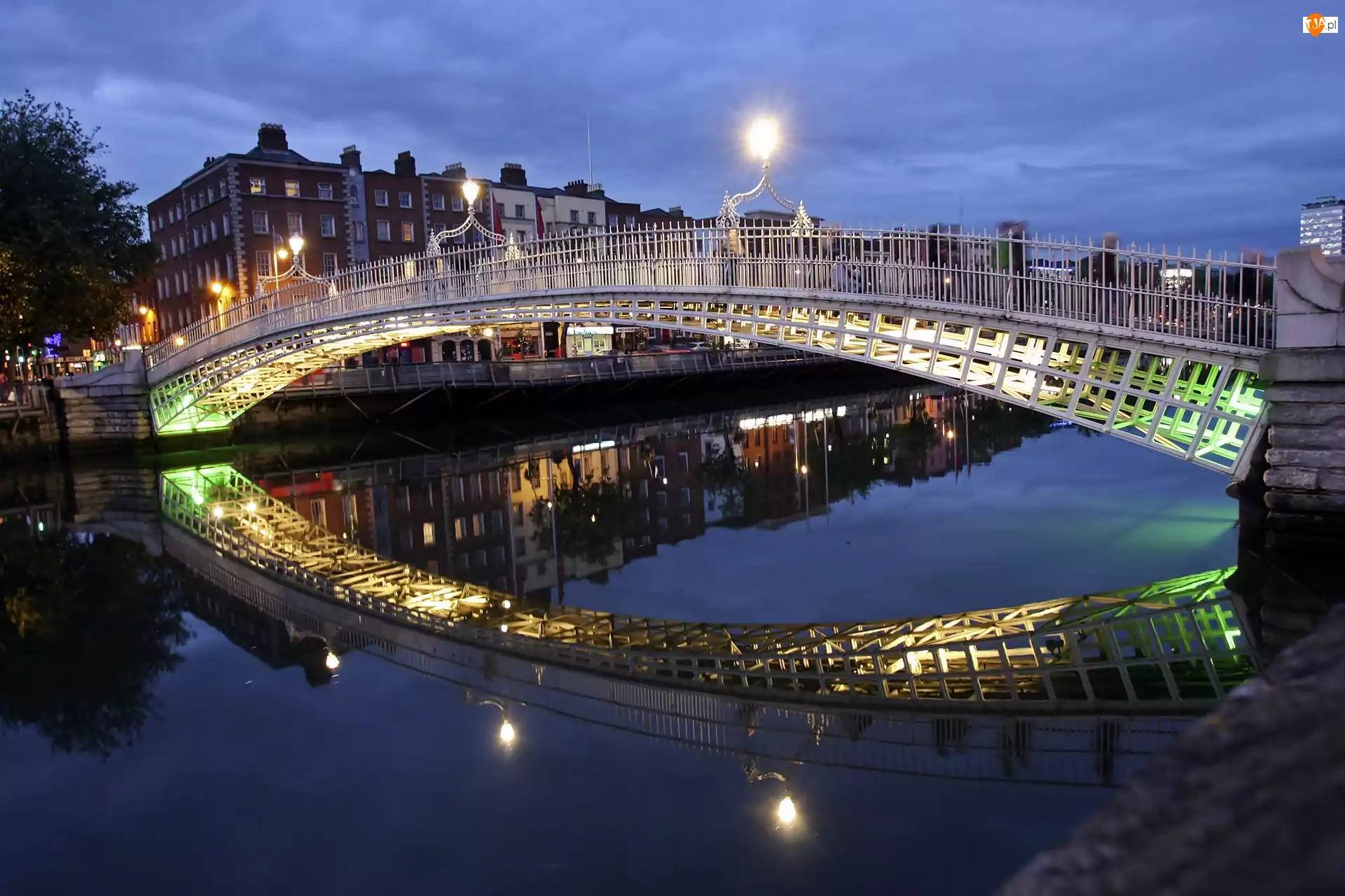 Rzeka, Most, Dublin, Noc, Domy, Liffey