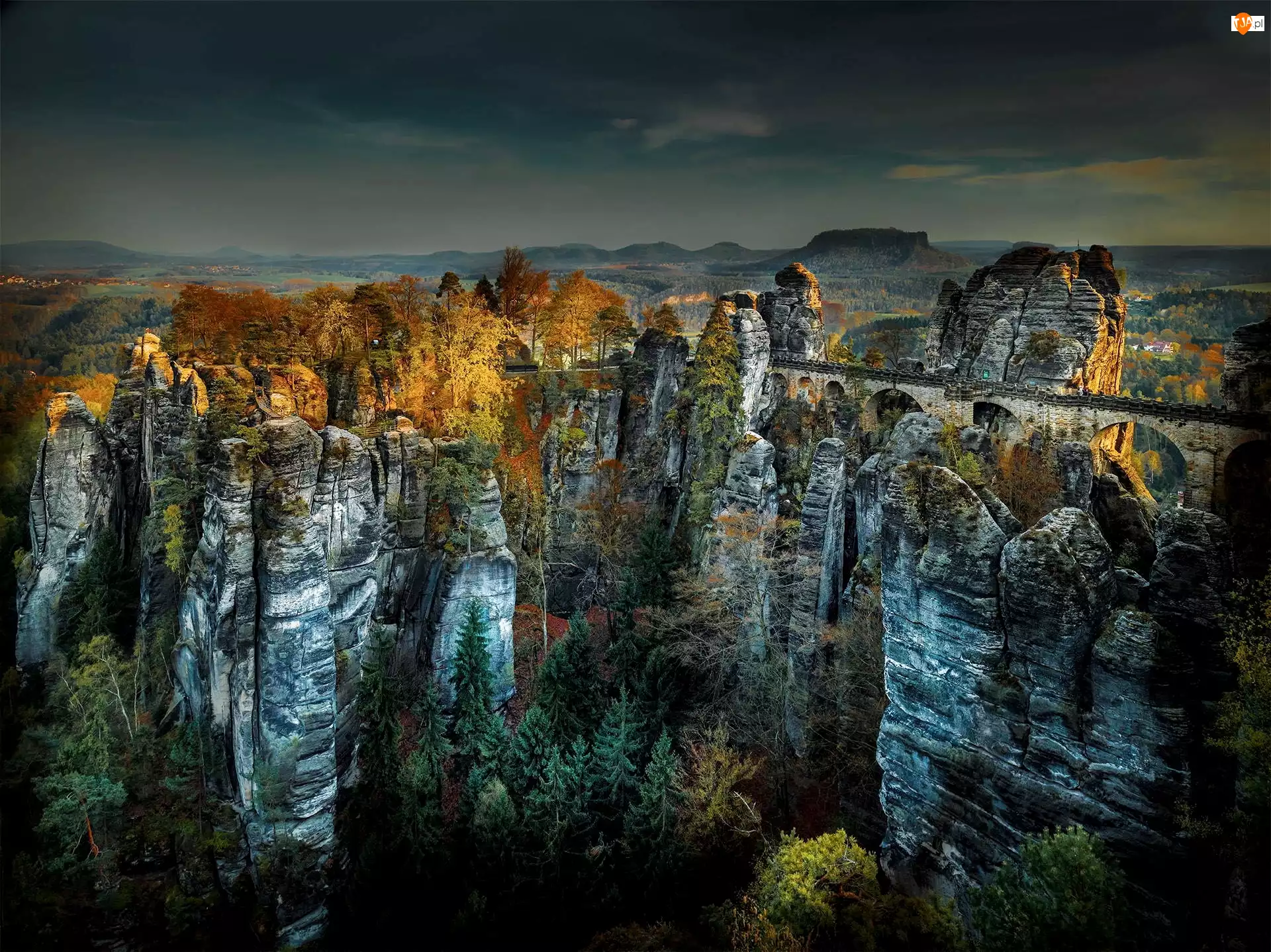 Park Narodowy Saskiej Szwajcarii, Formacja skalna Bastei, Skały, Niemcy, Góry Połabskie, Skały, Most