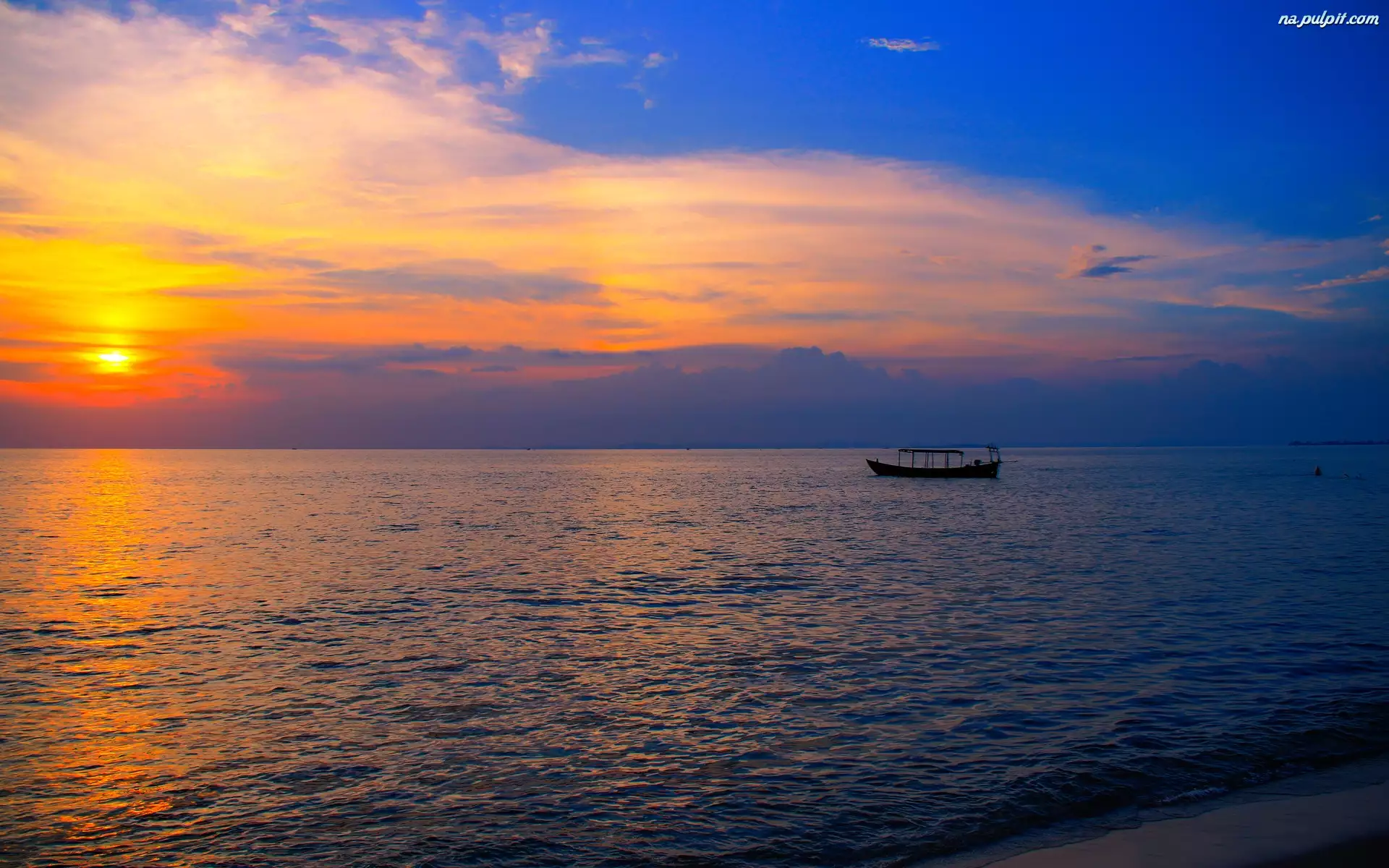 Łódka, Słońca, Morze, Kambodża, Fale, Zachód