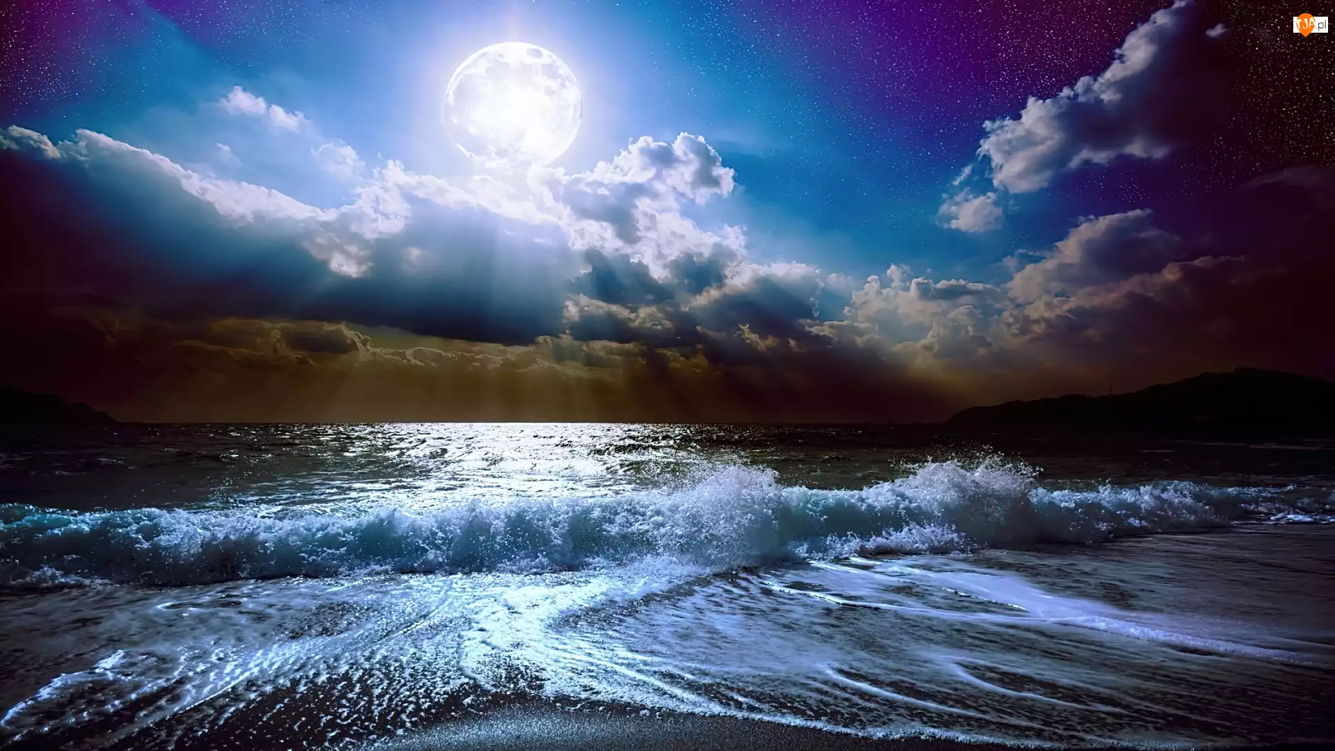 Księżyc, Morze, Noc, Fale