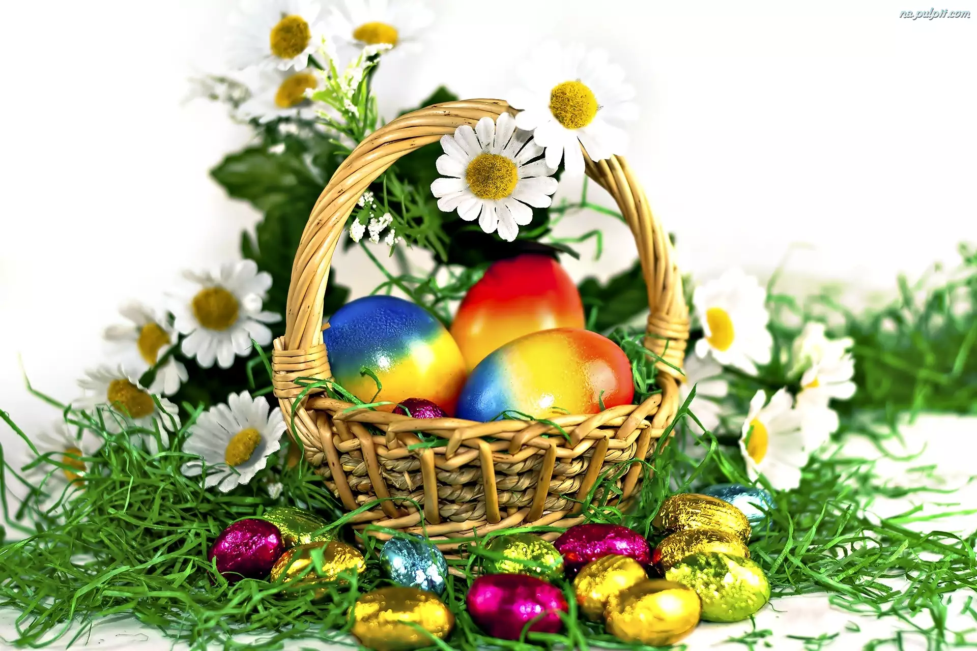 Jajka, Kwiaty, Wielkanoc, Zieleń, Koszyczek, Pisanki