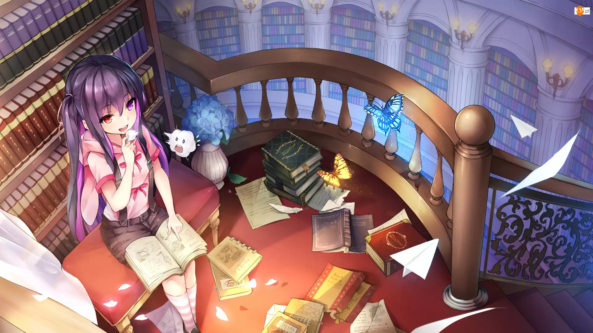 Biblioteka, Anime, Książki, Dziewczyna, Motyle