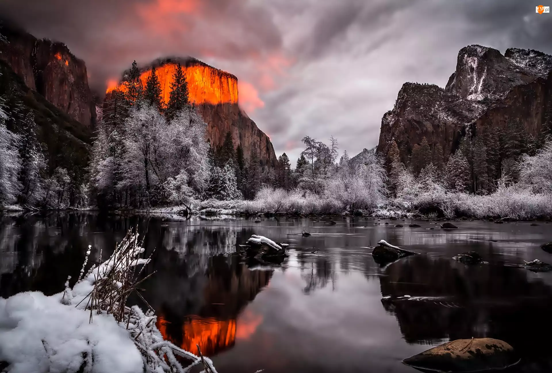 Rzeka, Yosemite, Zima, Kalifornia, Góry, Las