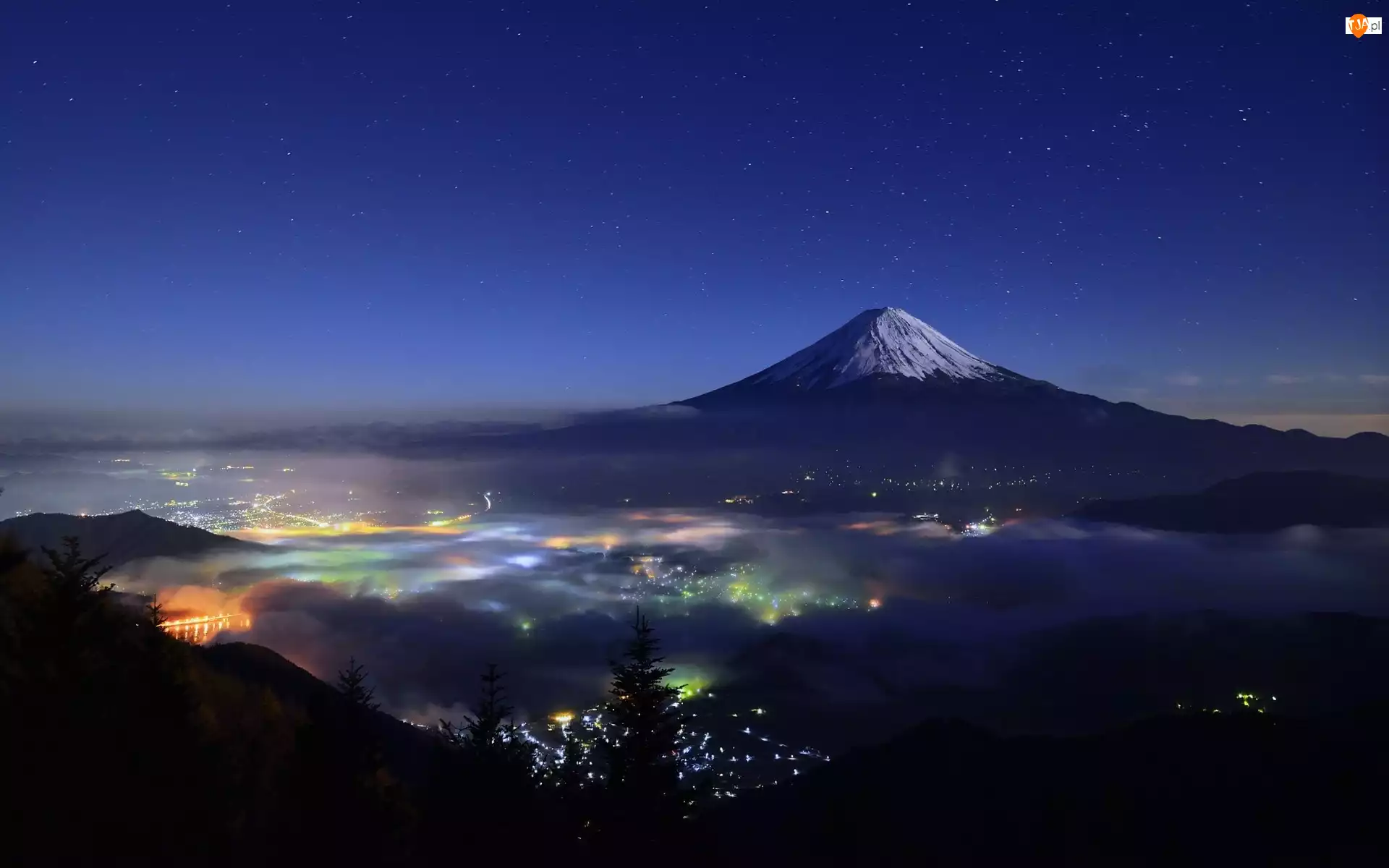 Mgła, Noc, Wulkan, Japonia, Drzewa, Fudżi, Miasto